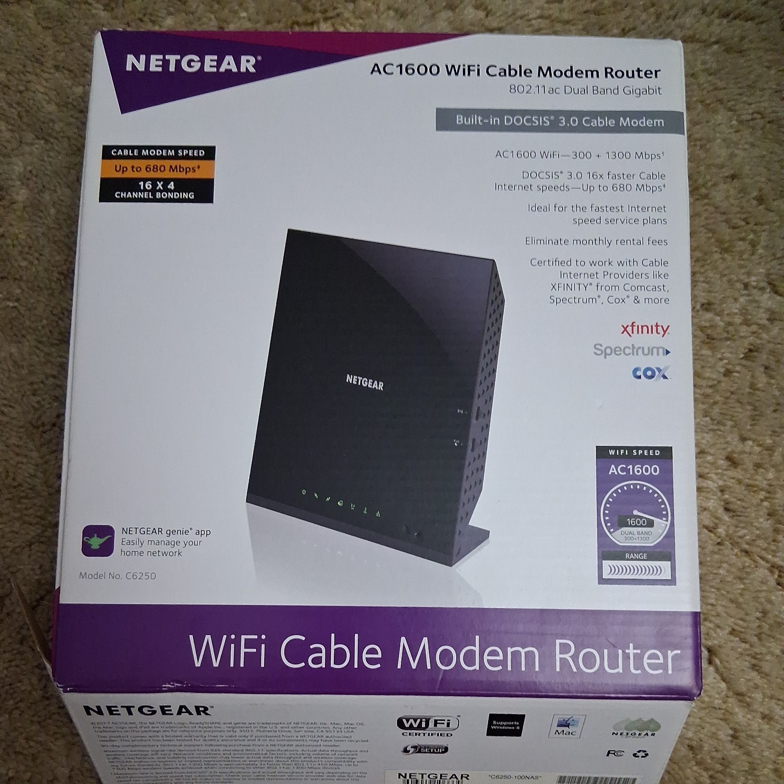 Netgear AC1600 Wifi Cable Modem Router C6250 Black Dual Band. Open Box