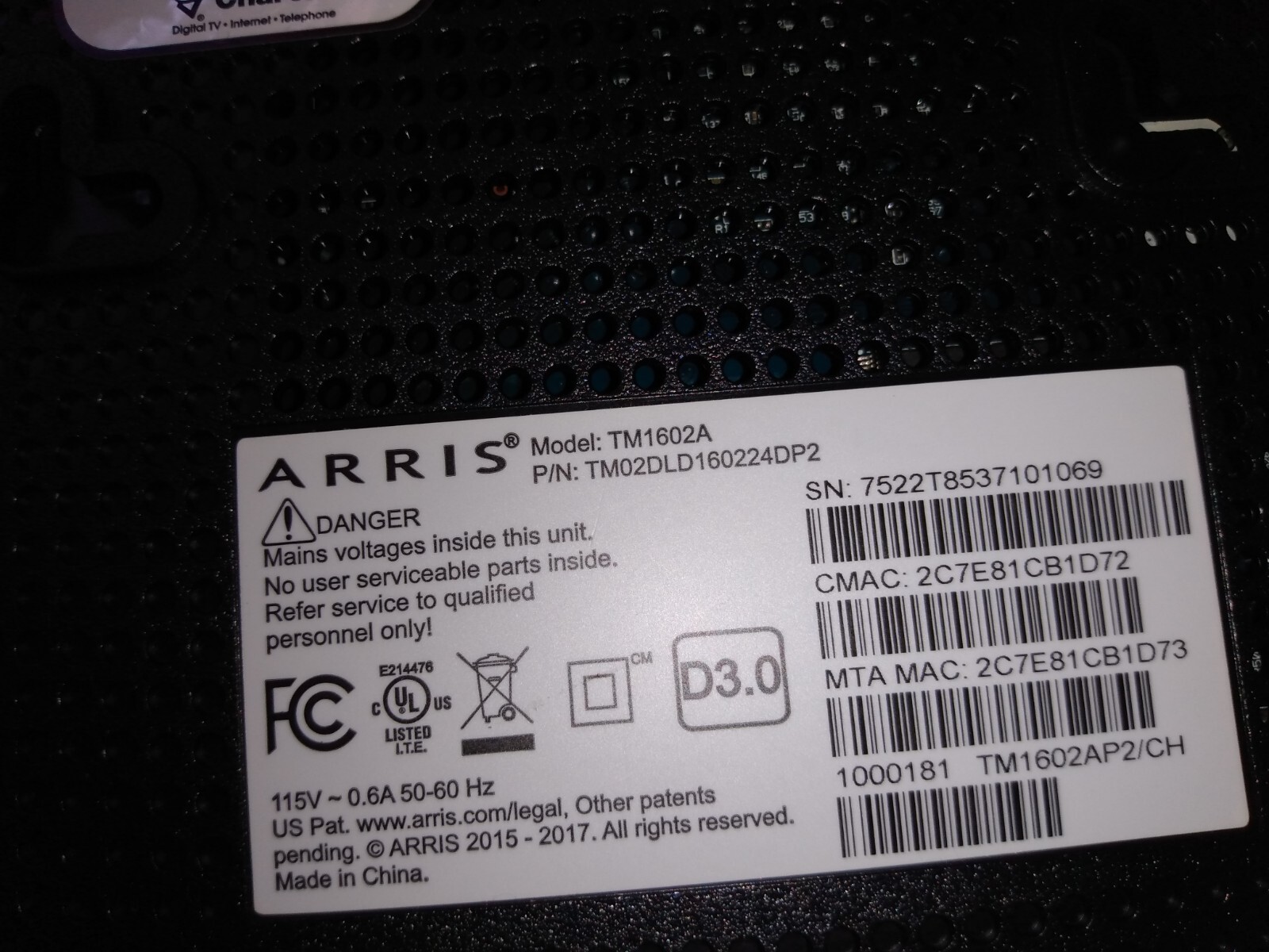 Arris TM1602A DOCSIS 3.0 16×4 Telephony Modem