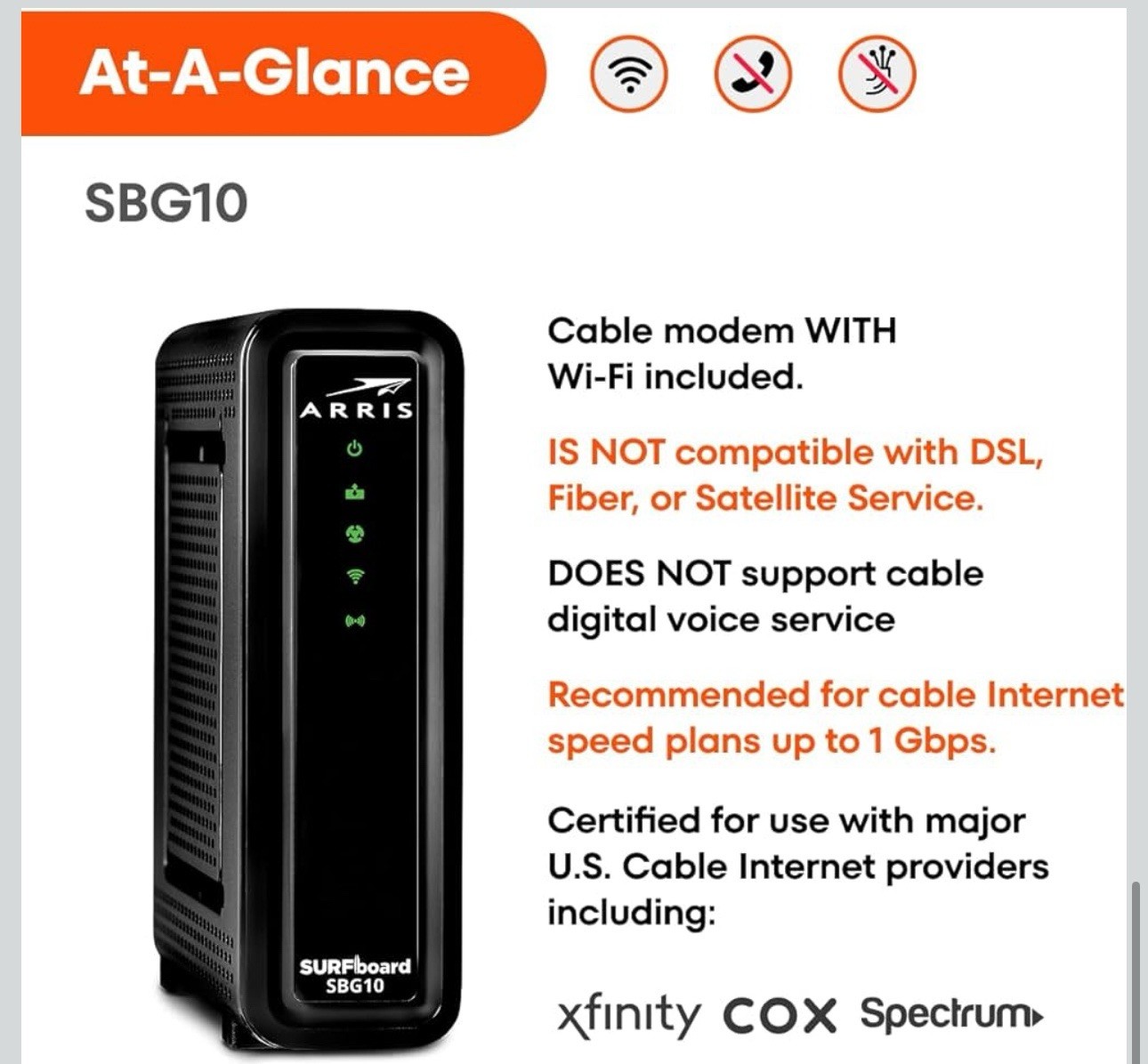 ARRIS (SBG10) Cable Modem Router Combo DOCSIS 3.0 Gb & AC1600 WiFi Refurbished