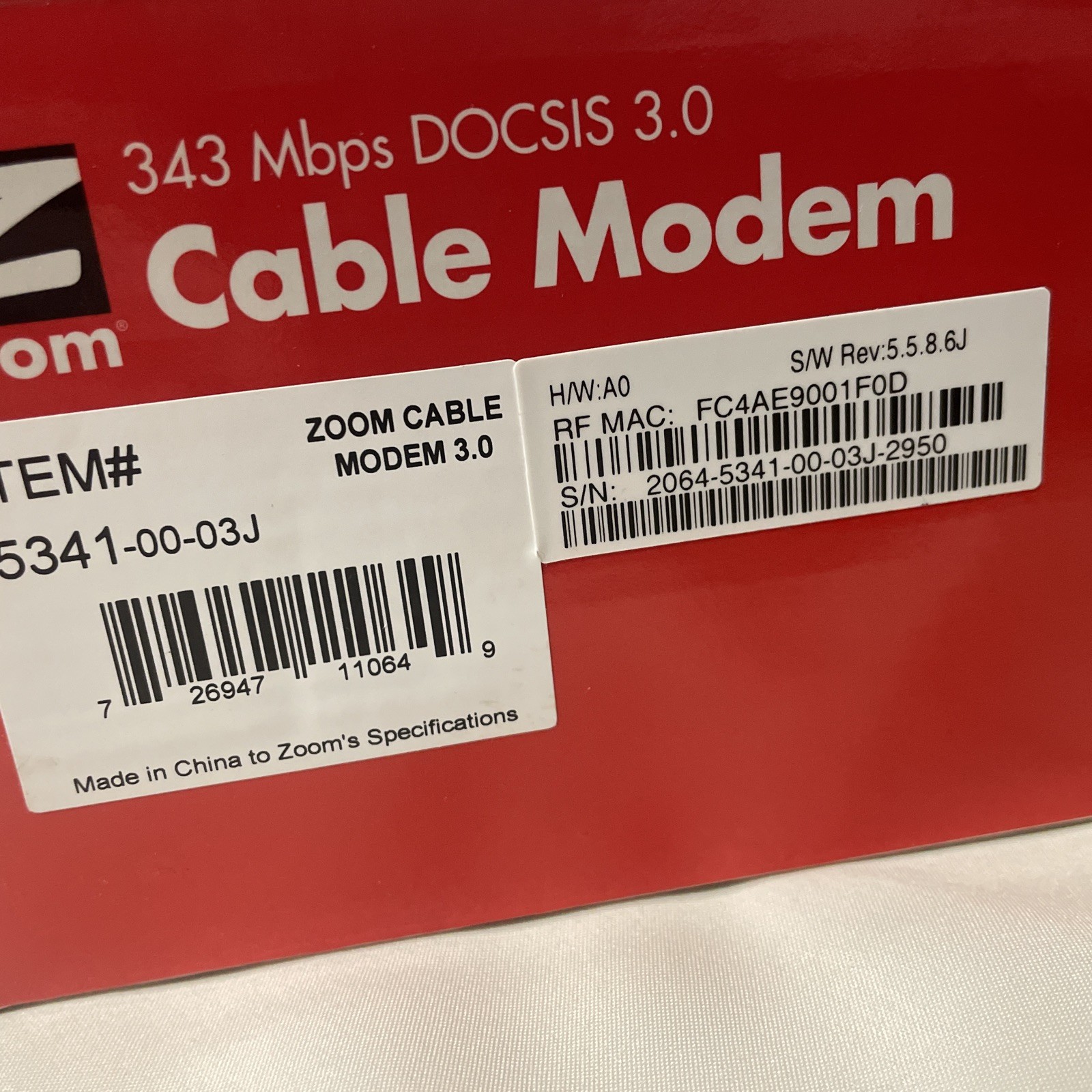 Zoom DOCSIS 343 Mbps 3.0 Cable Modem Model 5341 – NEW open box