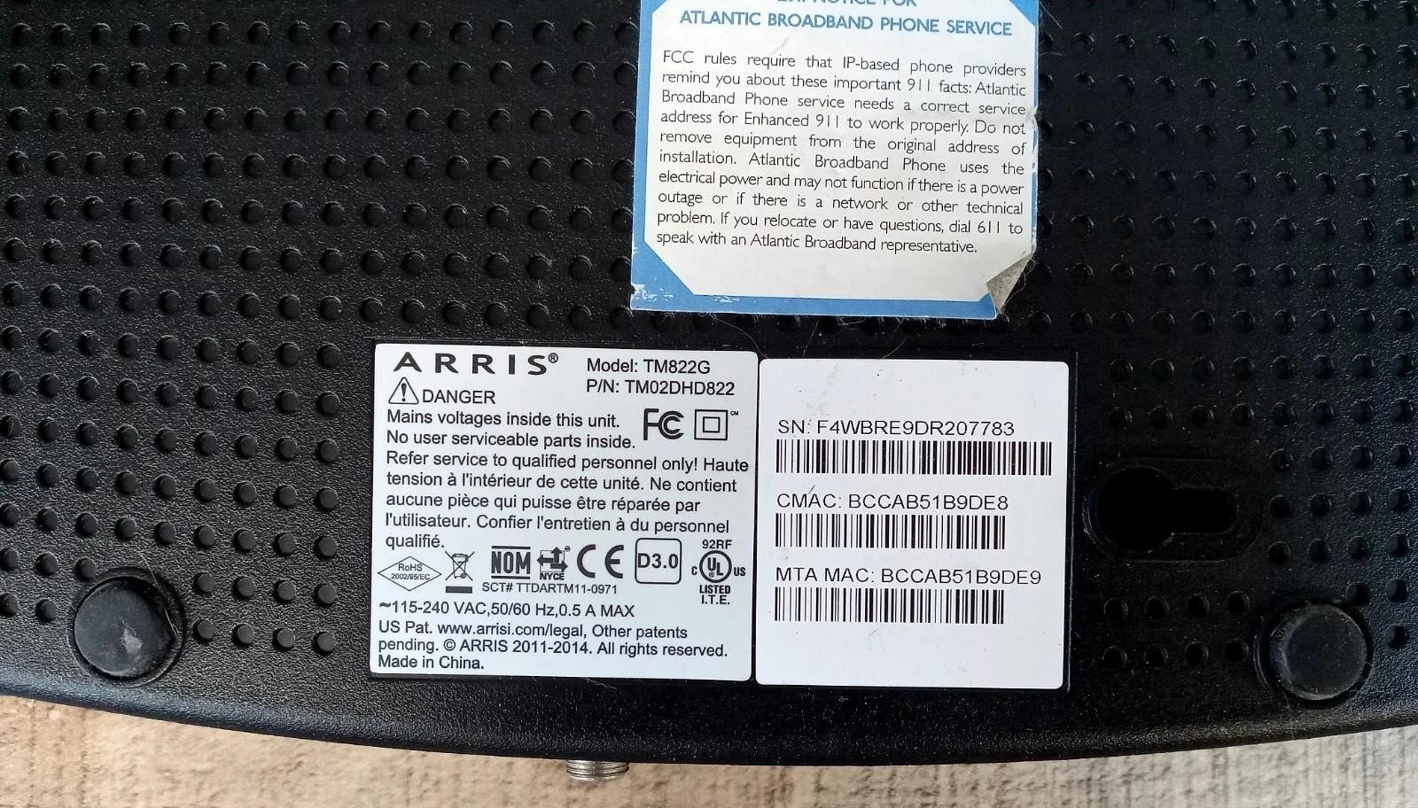 ARRIS TM822G P/N TM02DHD822 Telephony Modem – Black
