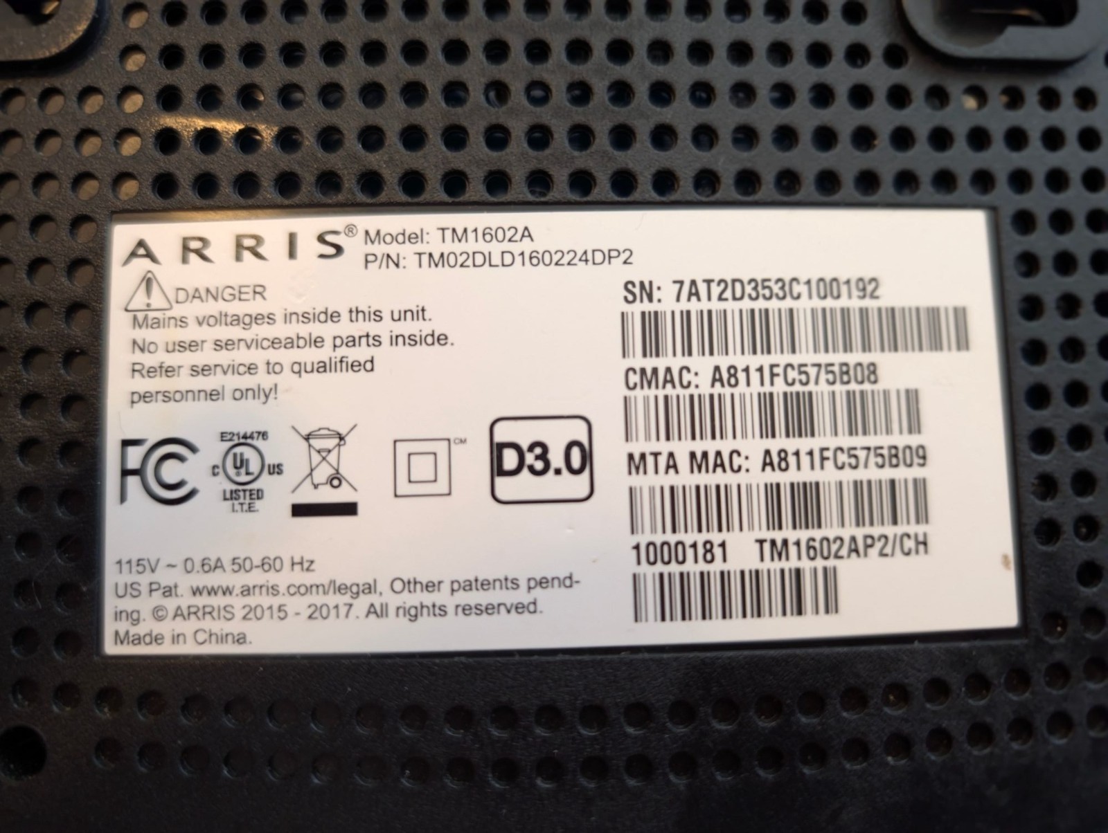 ARRIS Touchstone TM1602A is a DOCSIS 3.0 16×4 telephony cable modem – no power c