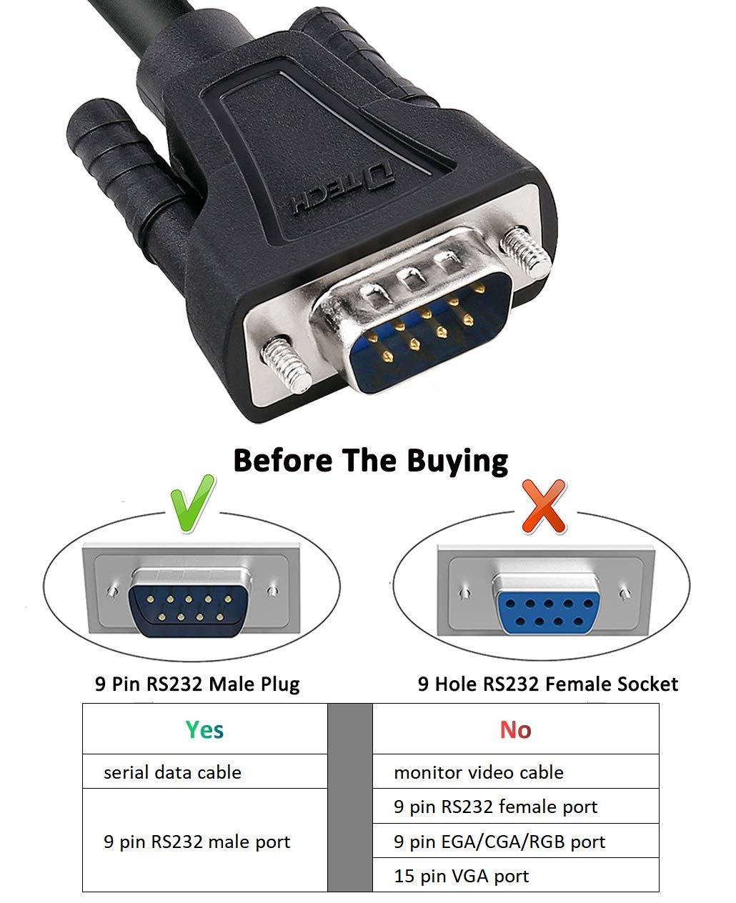 10ft RS232 Serial Cable DB9 Null Modem Male to Male Cord Simple Cross TX RX line
