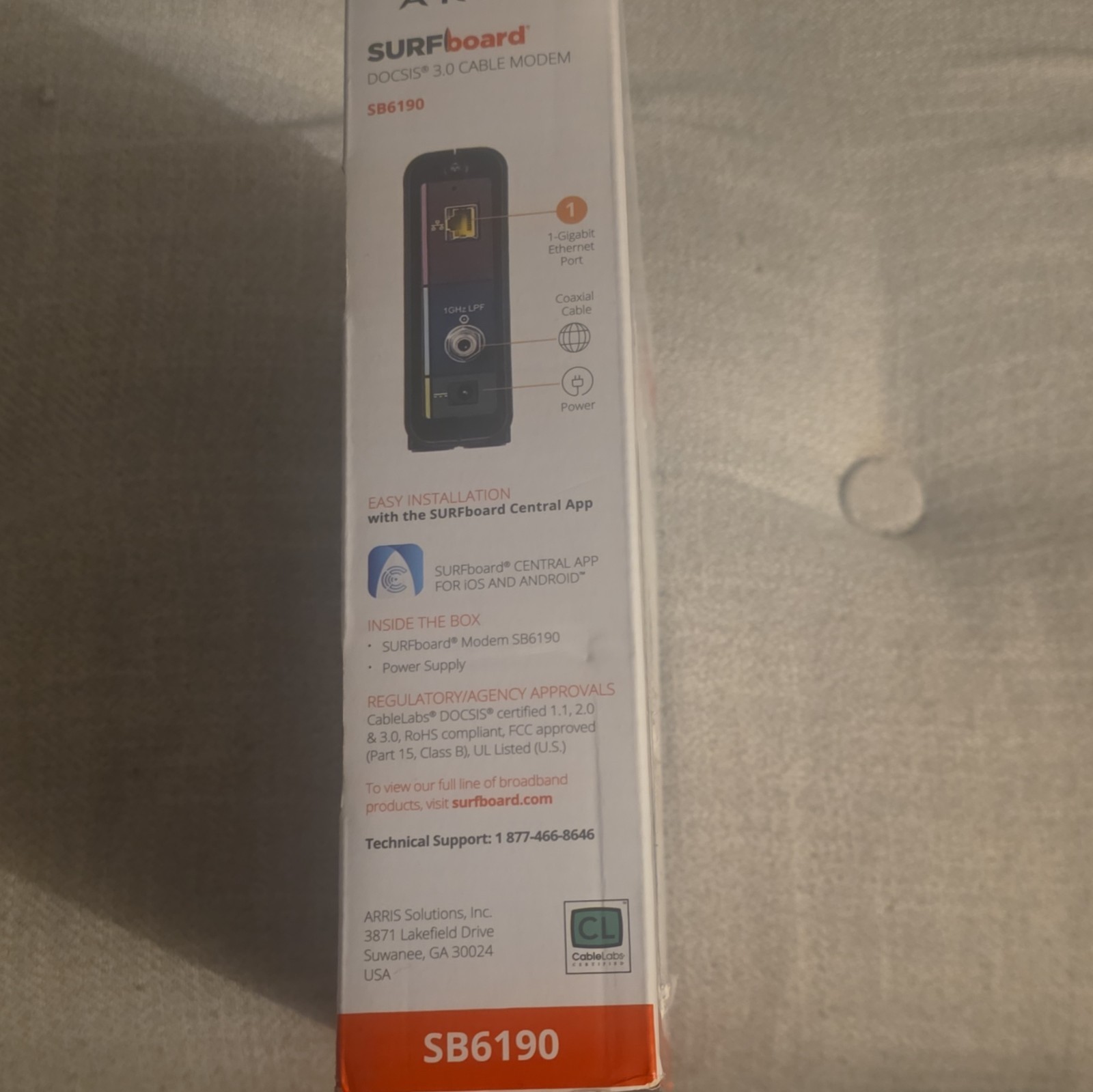 SURFboard SB6190 DOCSIS 3.0 Cable Modem 1 Gbps, 1 Gigabit Port, White