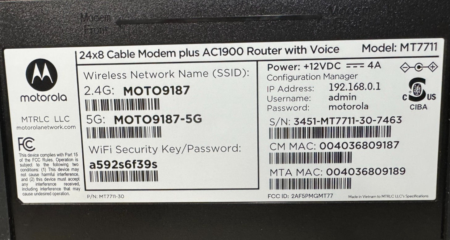Motorola 24×8 MT7711 Cable Modem and AC1900 Dual Band Wi-Fi Router 2 Phone Lines