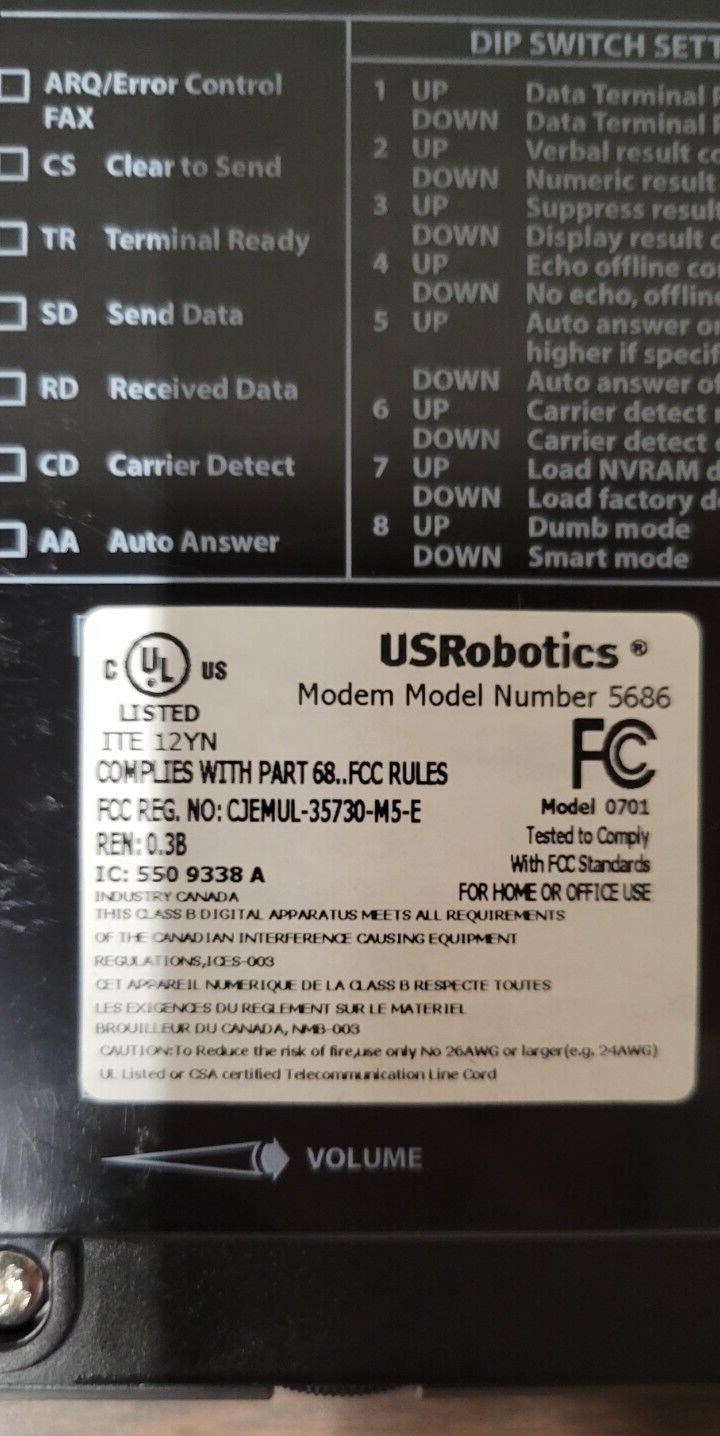 Vintage Black Dial-up US Robotics V.92 56K Faxmodem Model 5686 (Powers On)