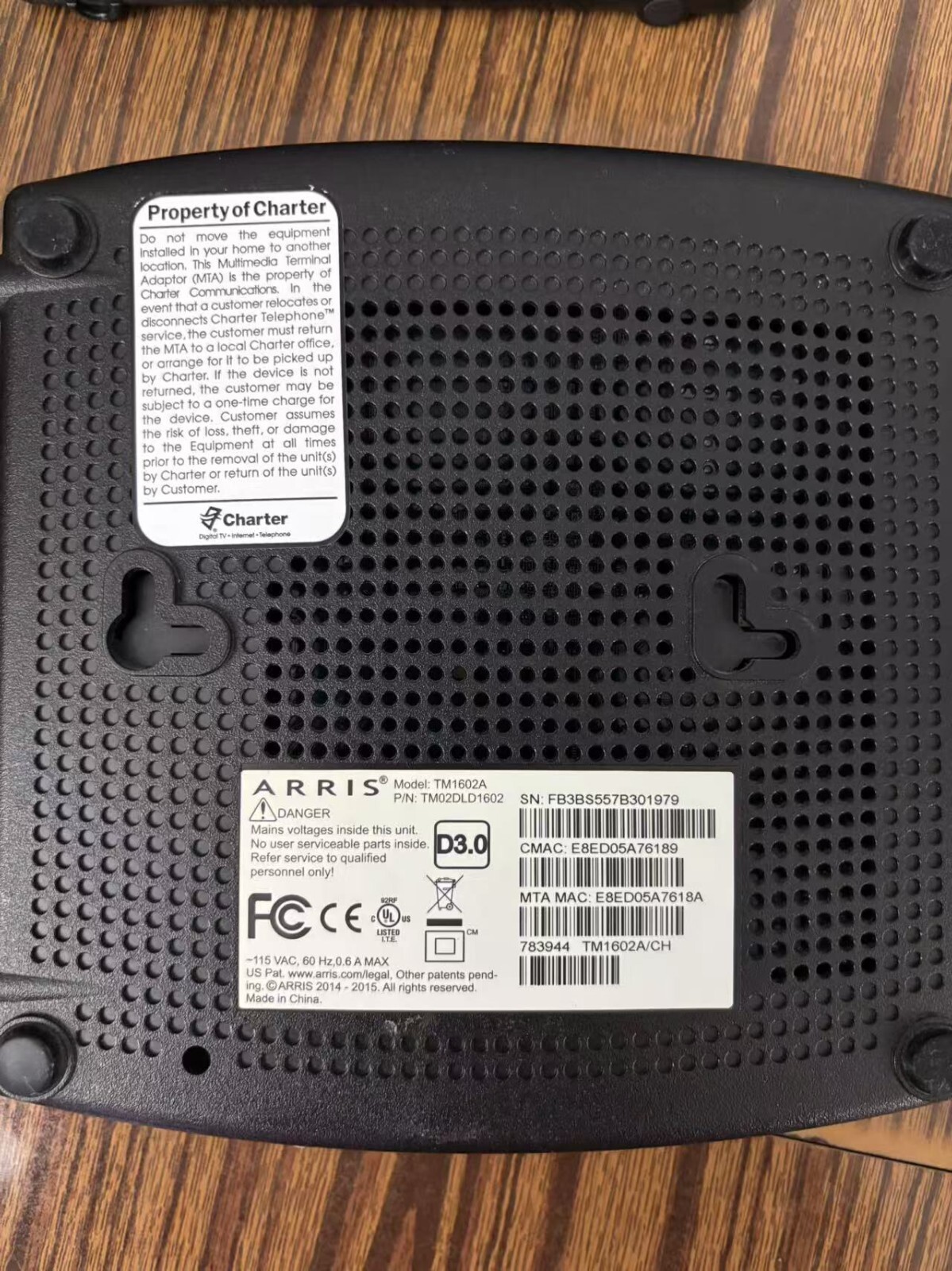 Arris TM1602A Docsis 3.0 Telephony Cable Modem for Charter Optimum Cablevision