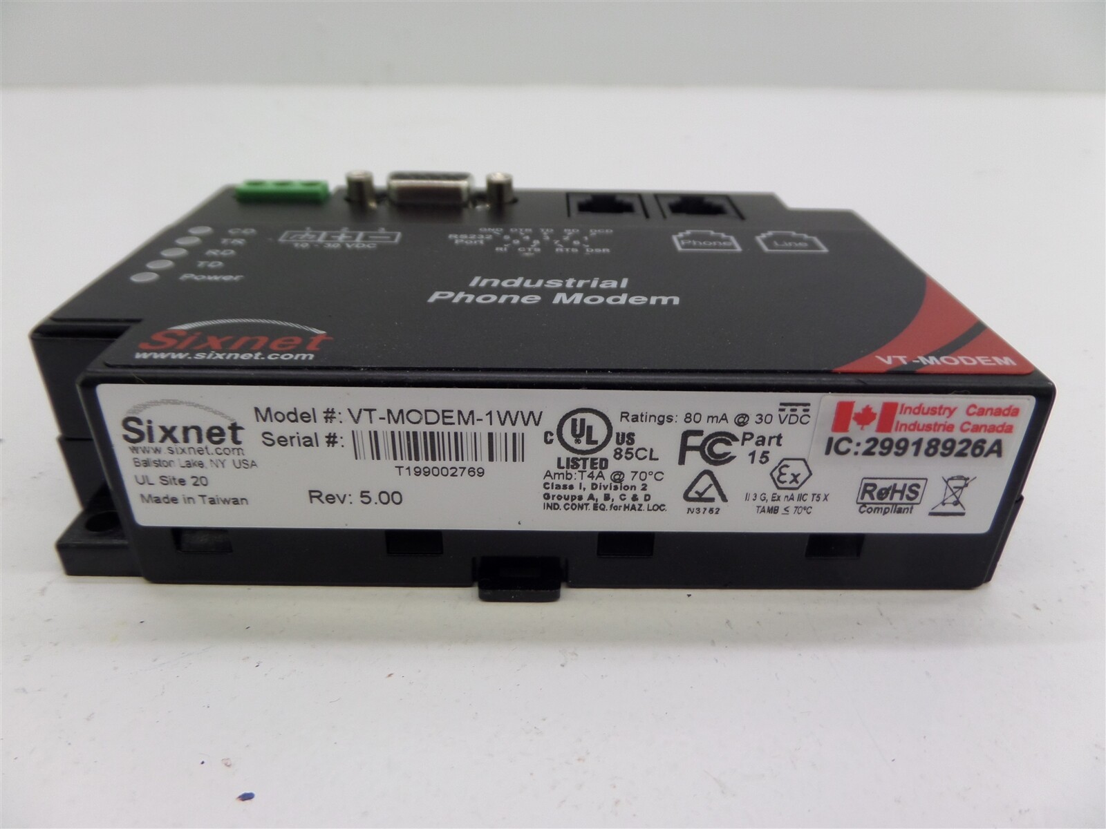 Sixnet VT-MODEM-1WW Rev: 5.00 Industrial Phone Modem