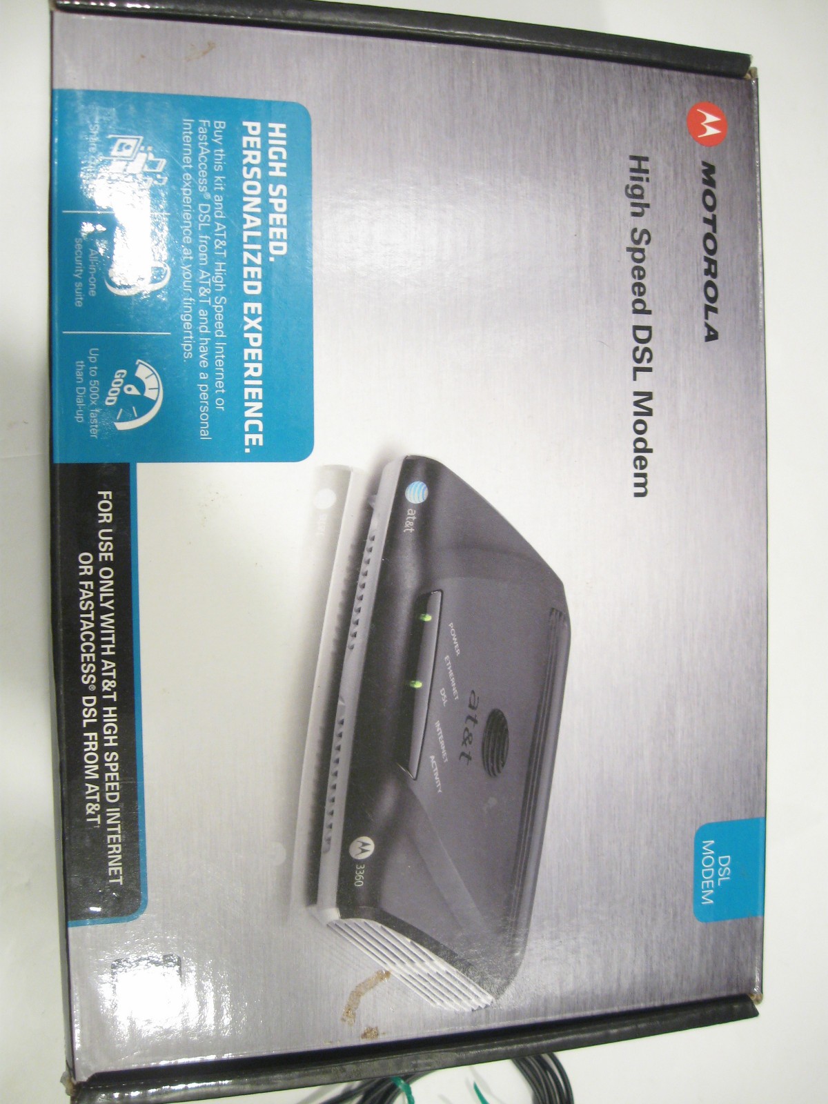 AT&T High Speed DSL Modem, power cord, and box: 3360, 58111-003-00