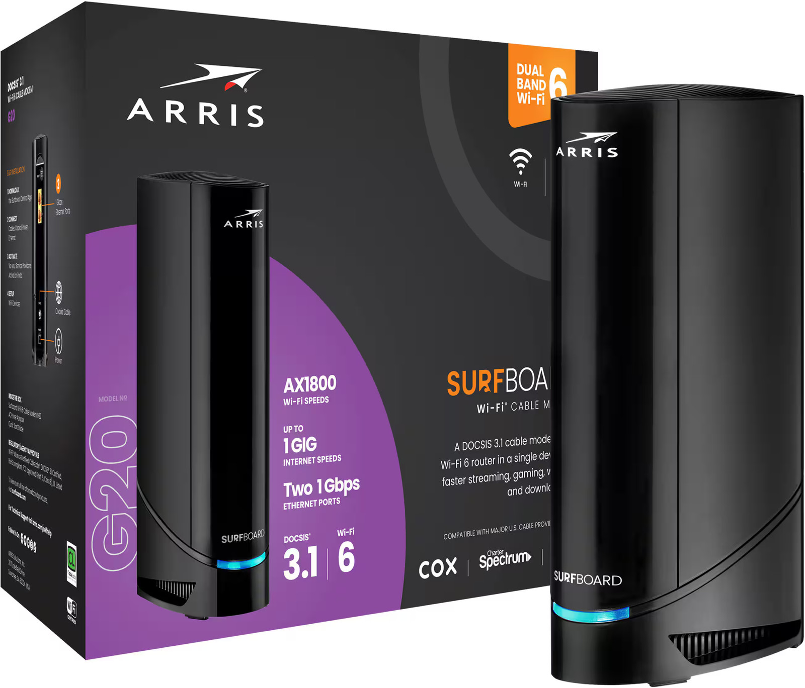 ARRIS – SURFboard G20 DOCSIS 3.1 Cable Modem & Wi-Fi 6 Router Combo – Black