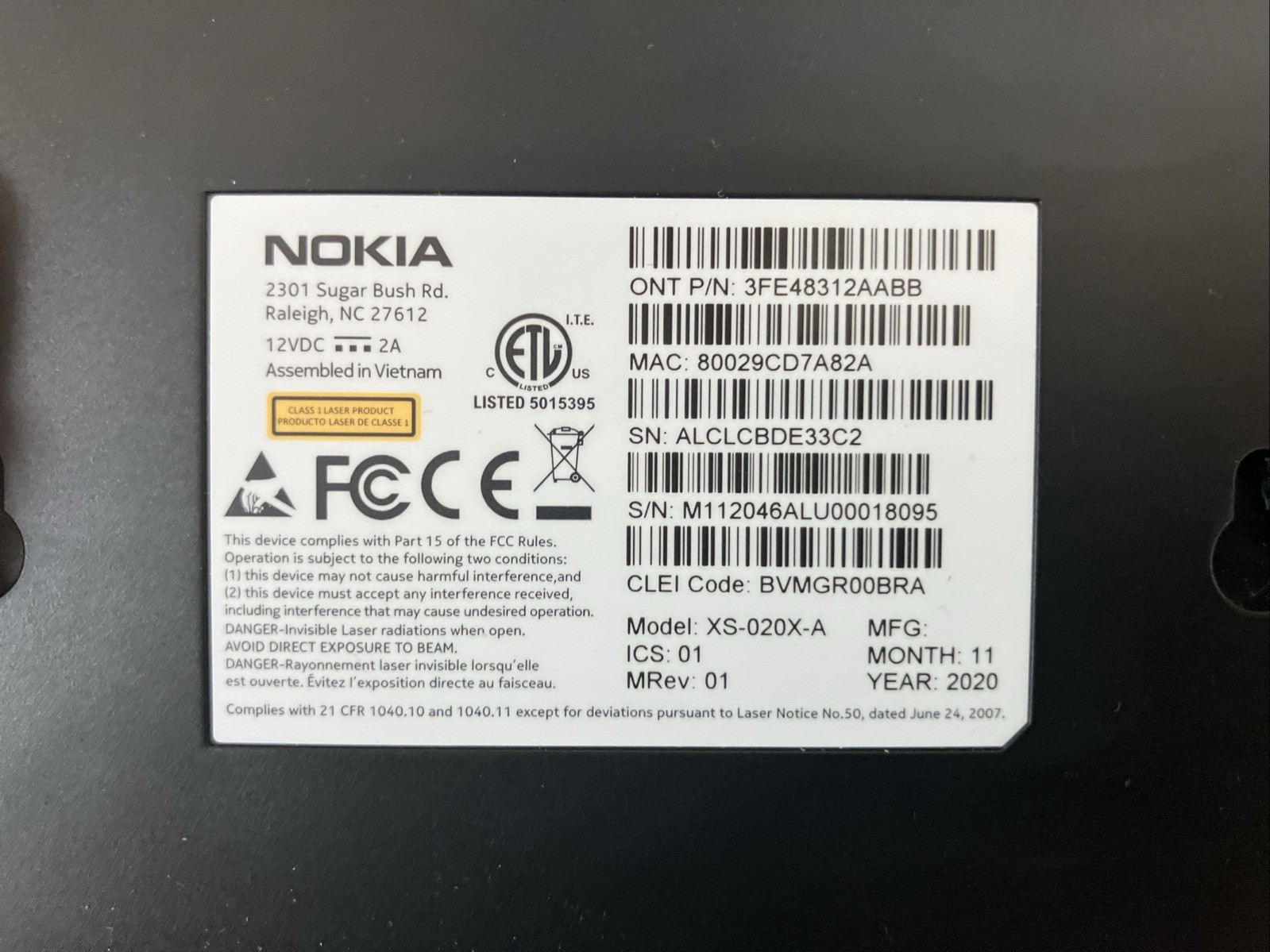 Nokia XS-020X-A Rev 01 10G GPON Fiber Optic Router Optical Network Terminal ONT