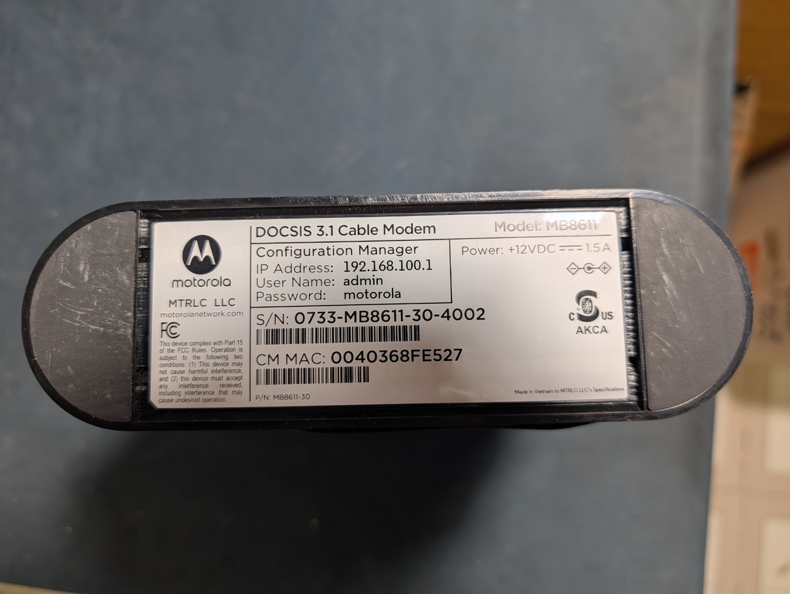 Motorola MB8611 Modem Cable – Black