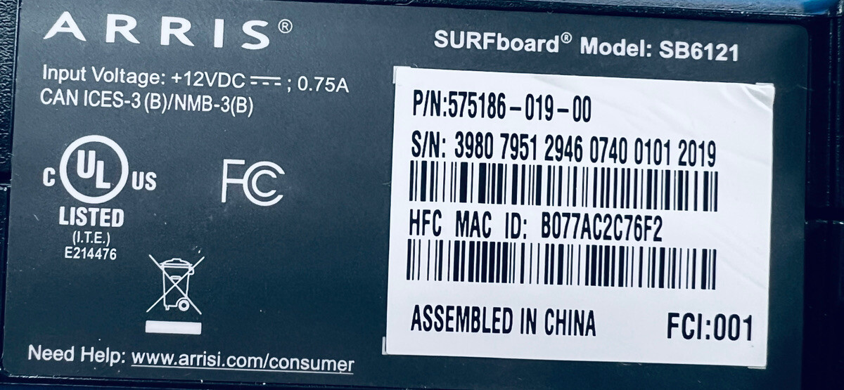 ARRIS SURFboard SB6121 Docsis 3.0 Cable Modem with Original Power Source BLACK