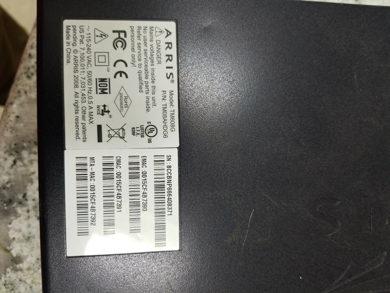 ARRIS TM608G Modem, SN,93B0PC000596 (16-24A