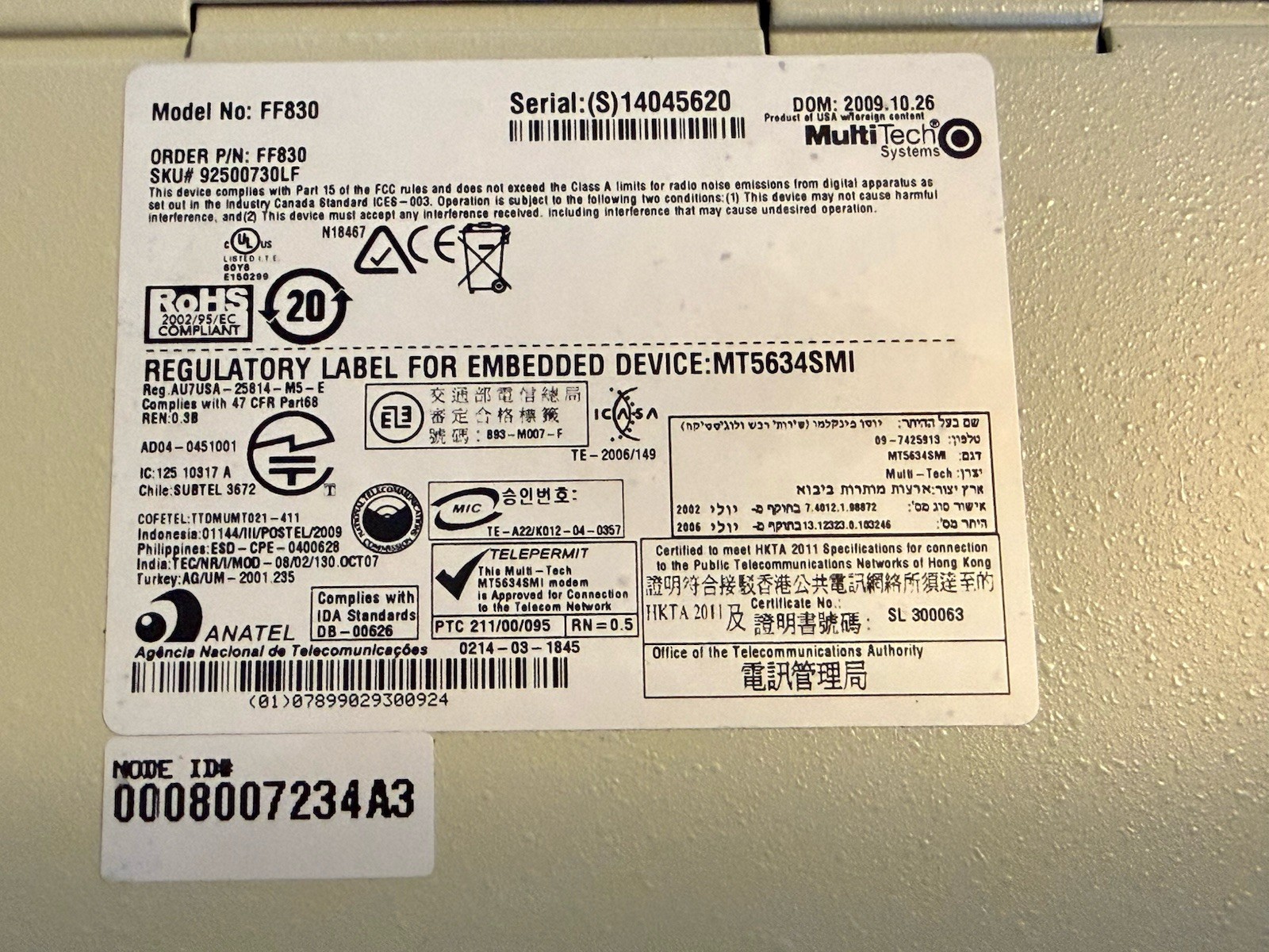 MultiTech Systems FaxFinder V.34 Fax Server FF830 ~ 8 Modem System