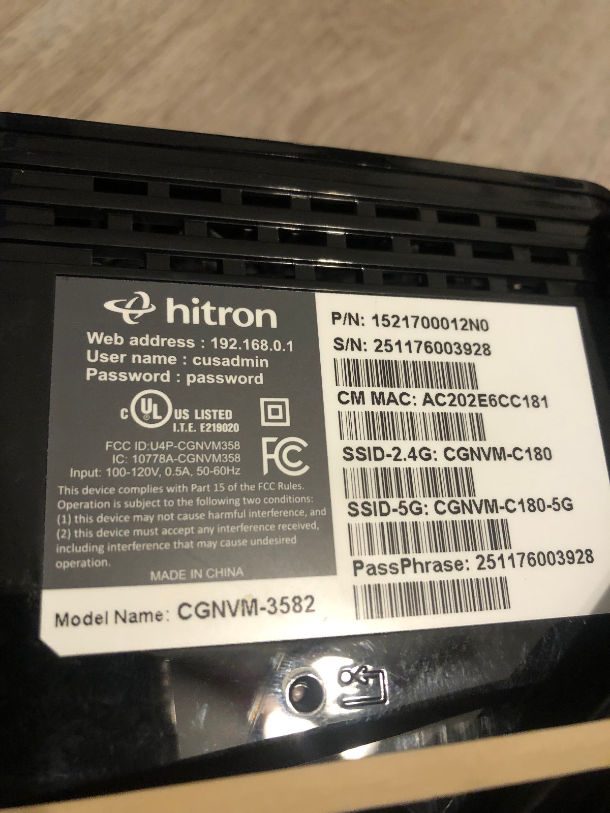 Hitron CGNVM-3582 DOCSIS 3.0 32×8 4×4 5GHz Gateway Wi-Fi Modem NOT FOR COX