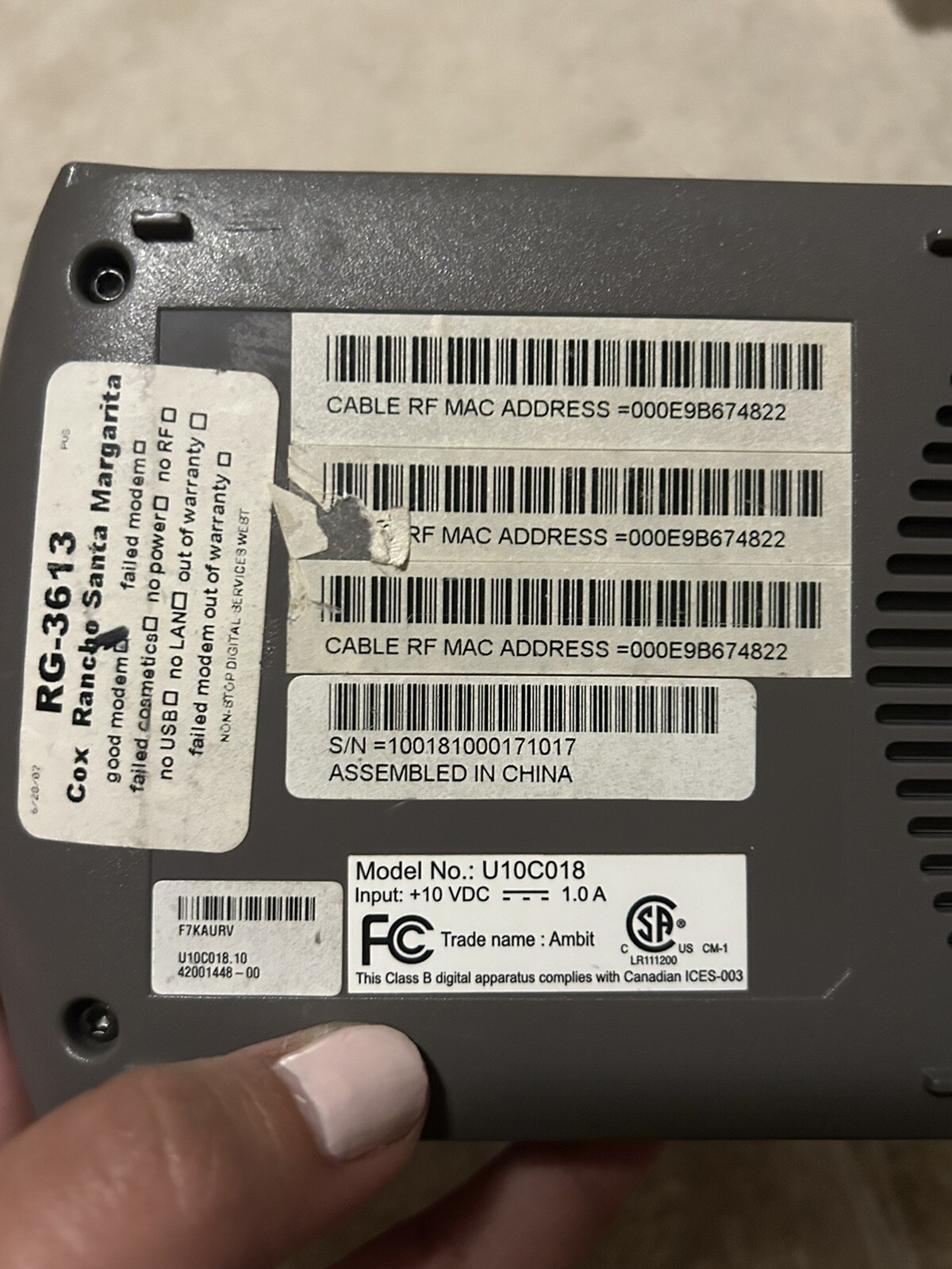 Cox Modem Model No U10C018