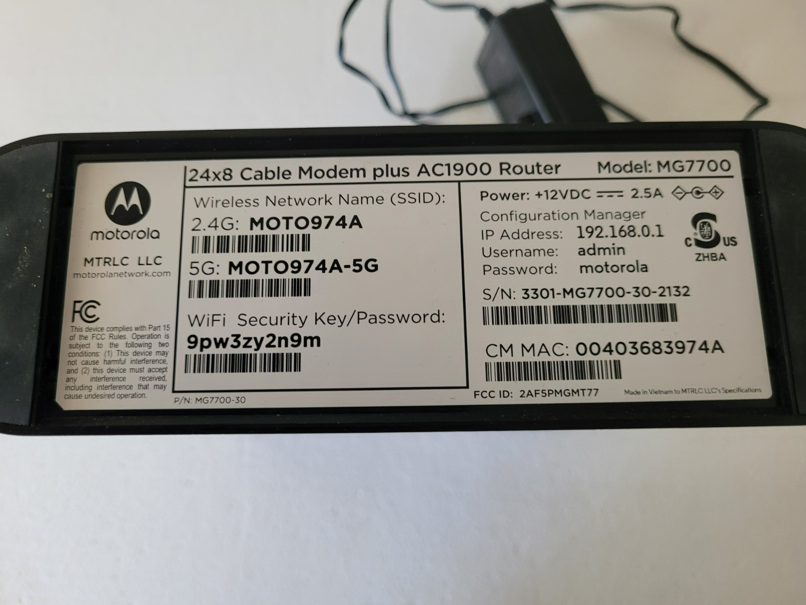 Motorola Cable Modem 24×8 Plus AC1900 Dual Band WIFI Gigabit Router