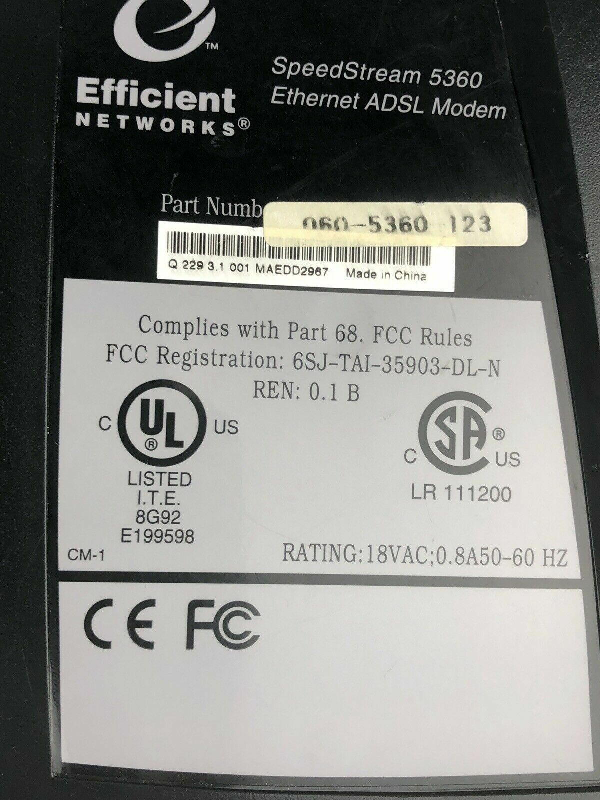 SpeedStream 5360 Ethernet ADSL PC Modem Fast by Efficient Networks With Adapter