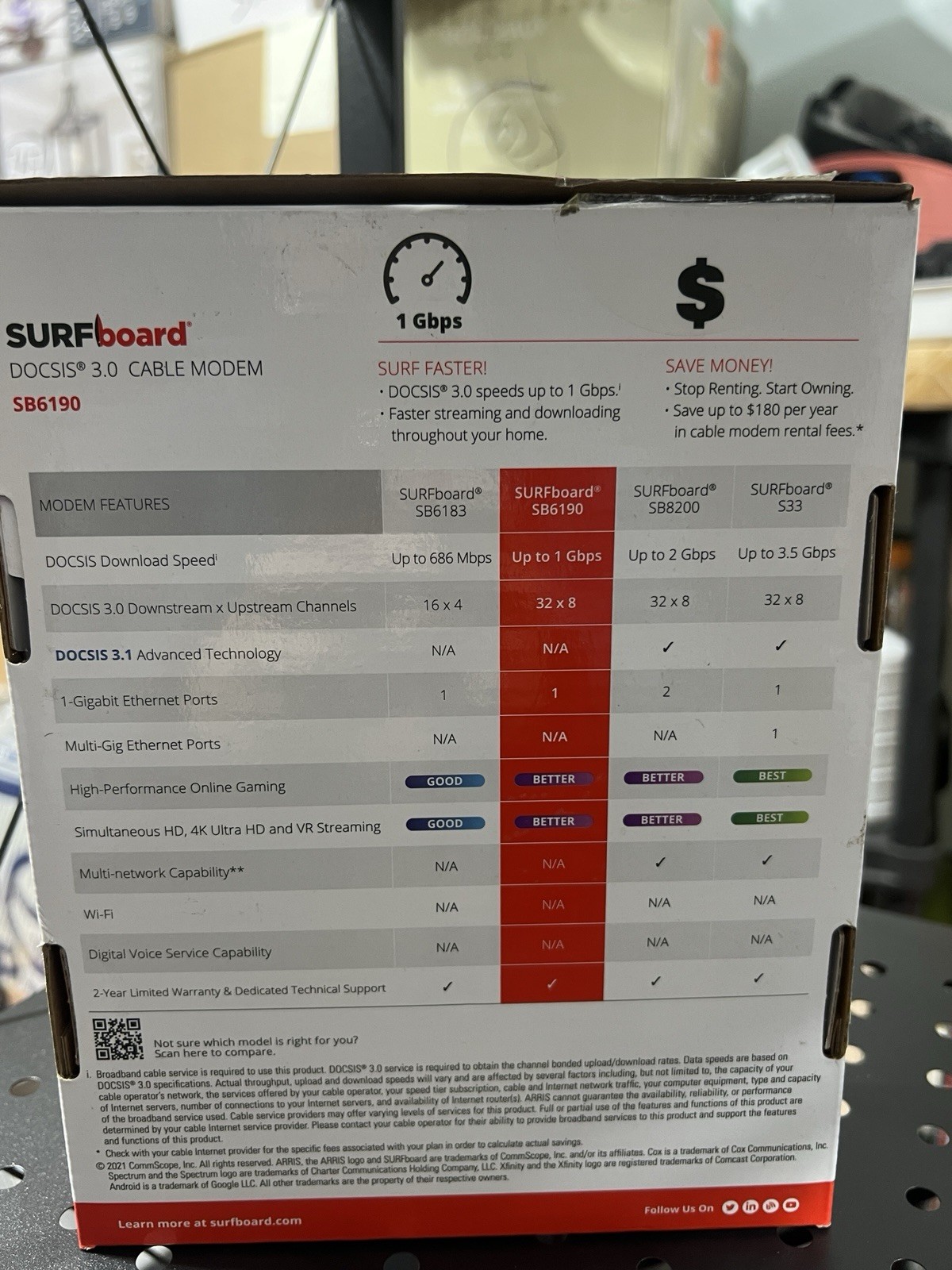 ARRIS SURFboard SB6190 DOCSIS 3.0 32 x 8 Gigabit Cable Modem 1 Gbps Black