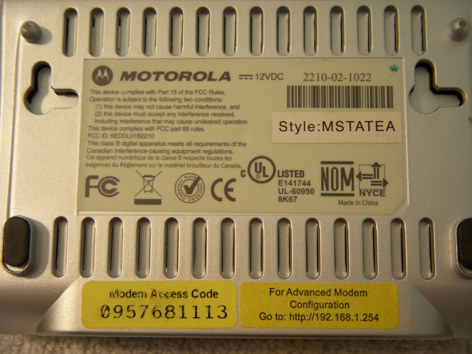 Motorola DSL / Ethernet Modem – Model 2210-02-1022 – Style MSTATEA