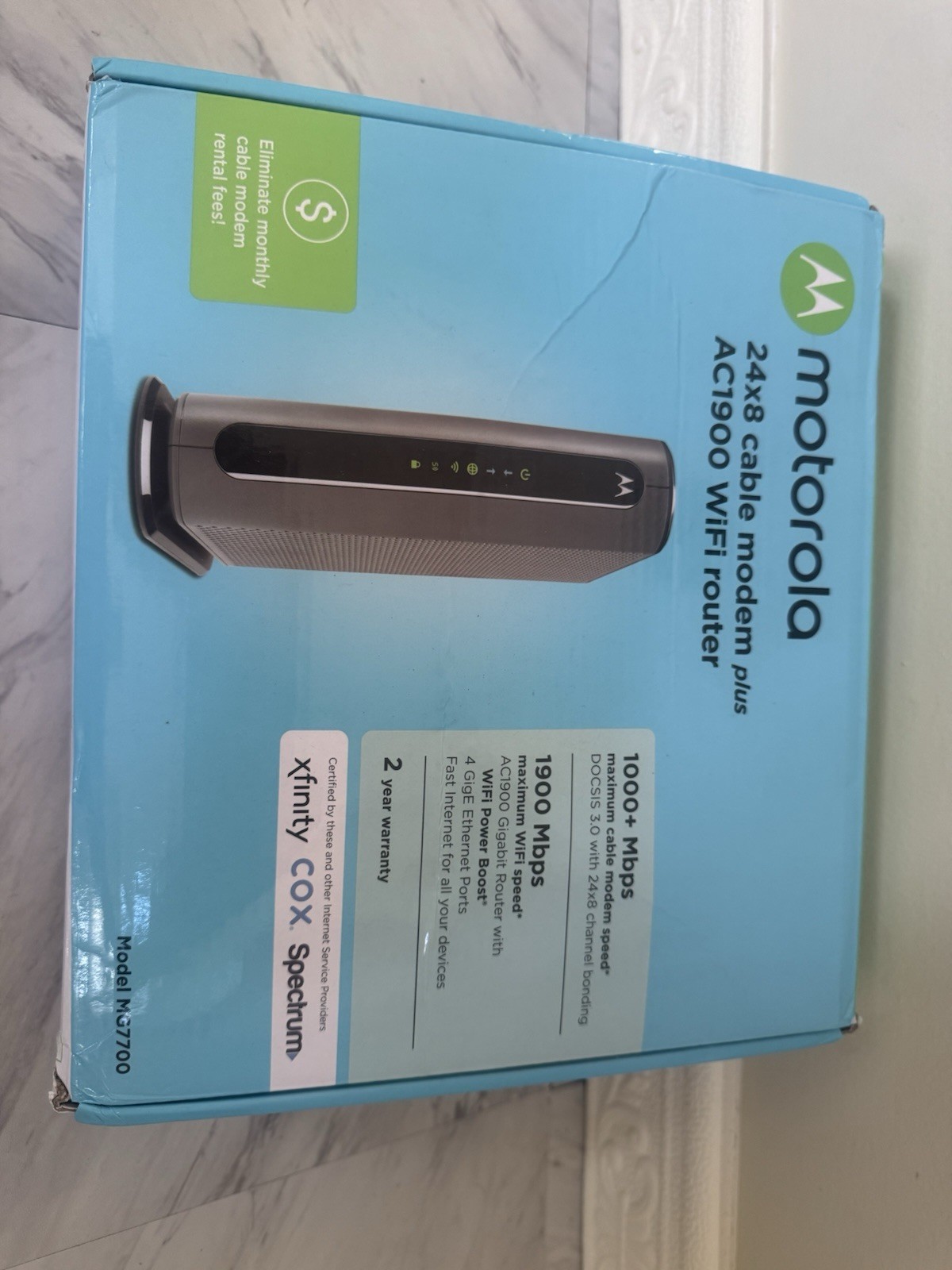 Motorola MG7700 24×8 3.0 Cable Modem + AC 1900 WiFi Router 1GB + Power Adapter
