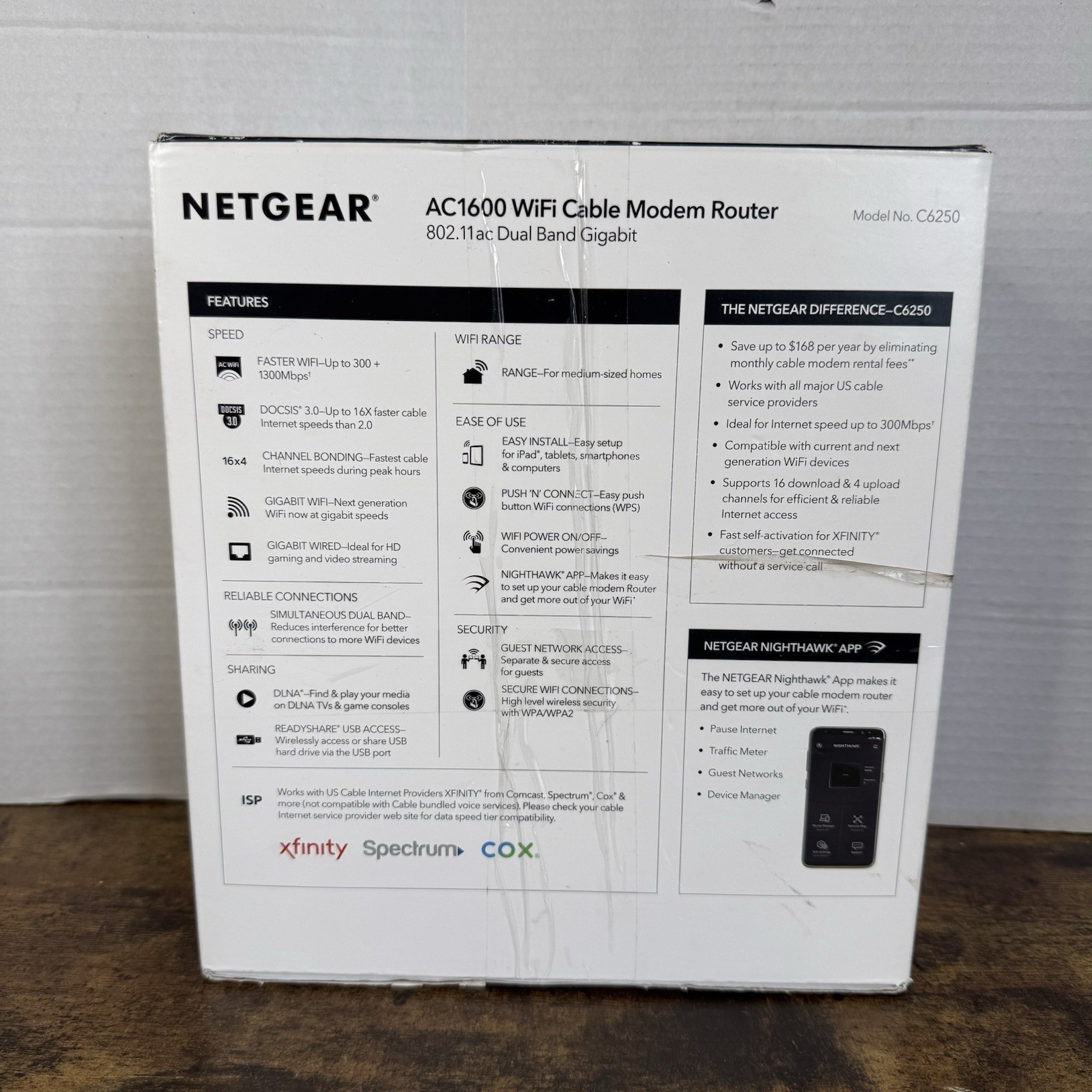 NETGEAR AC1600 Wifi Cable Modem Router C6250-1AZNAS