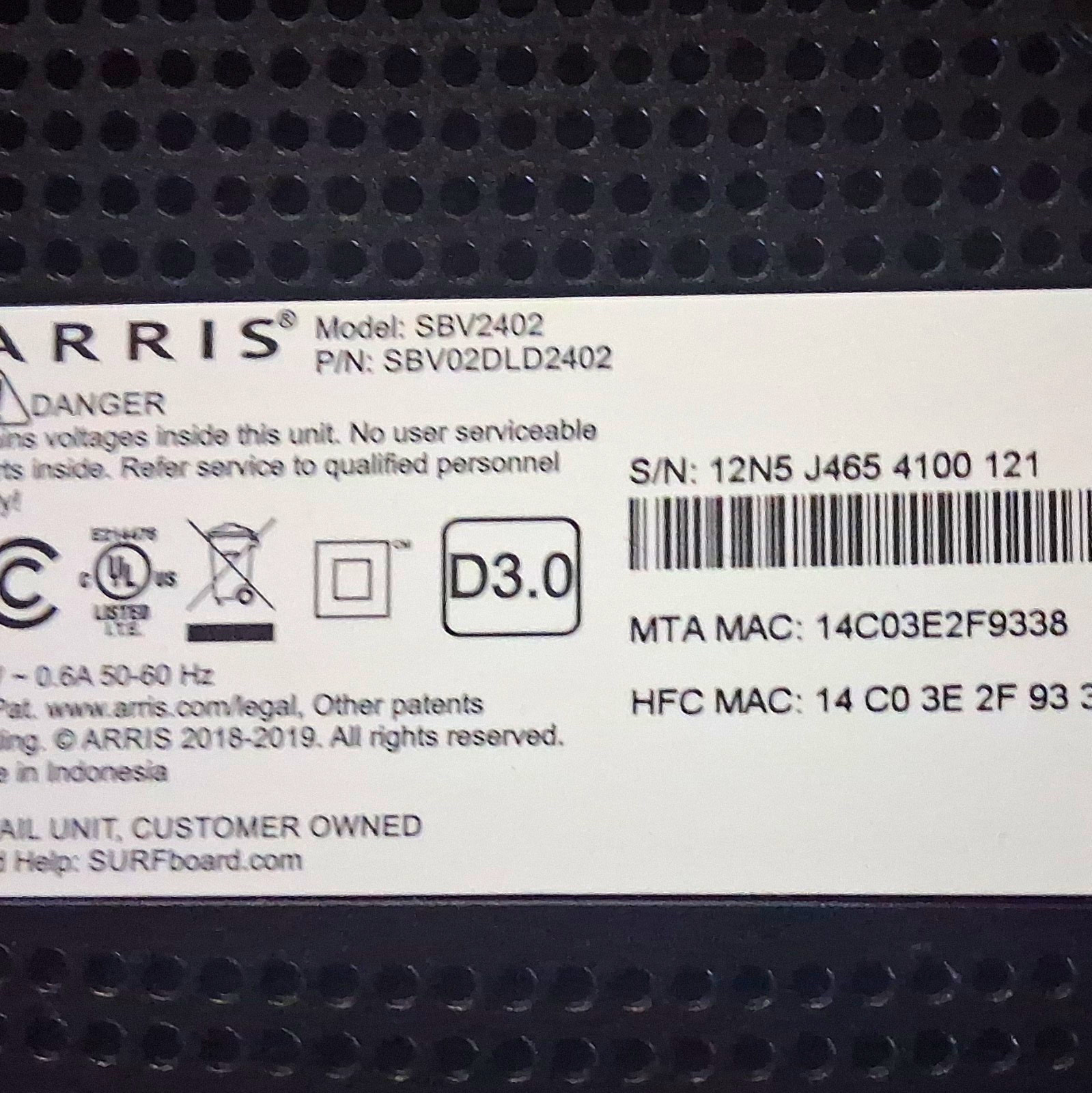 ARRIS SBV2402 DOCSIS 3.0 Cable Modem VoIP 800 Mbps 1x Gigabit Black