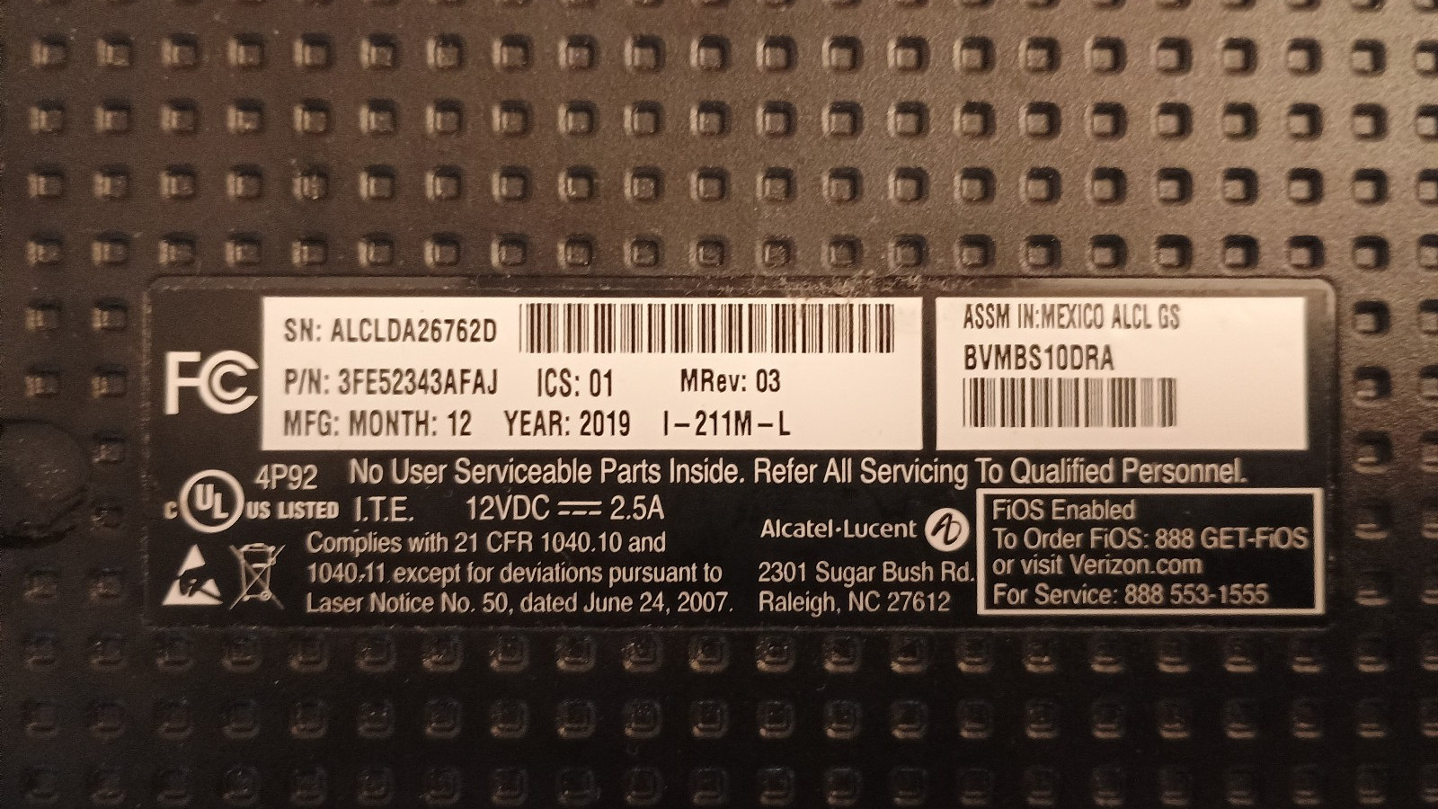 ALCATEL VERIZON OPTICAL NETWORK TERMINAL ONT I-211M-L MODEM + AC ADAPTER