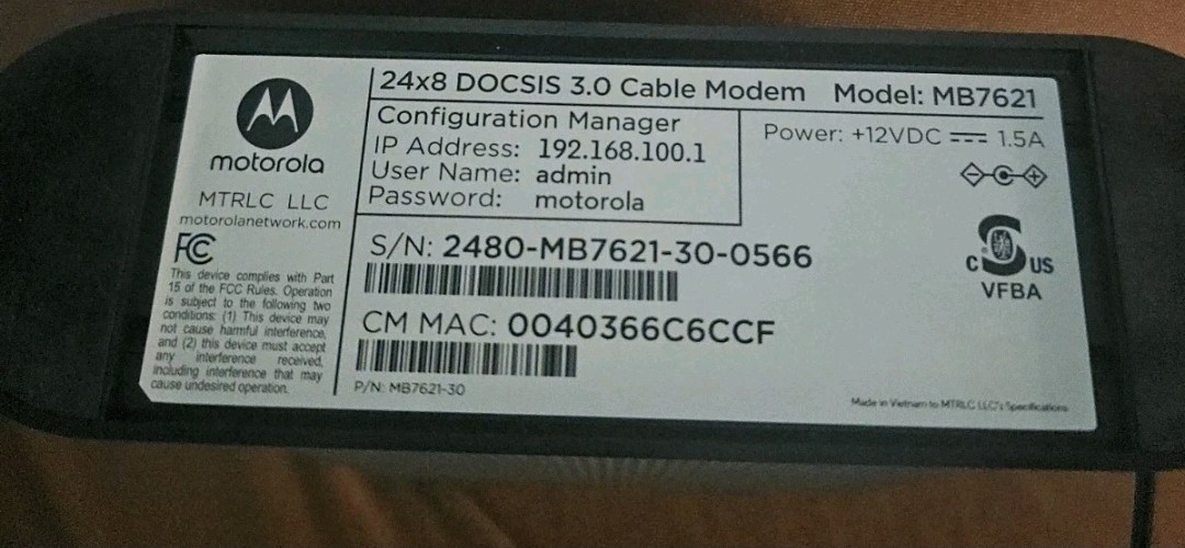 Motorola MB7621 24×8 DOCSIS 3.0 Cable Modem With Adapter Tested Works Pre-owned
