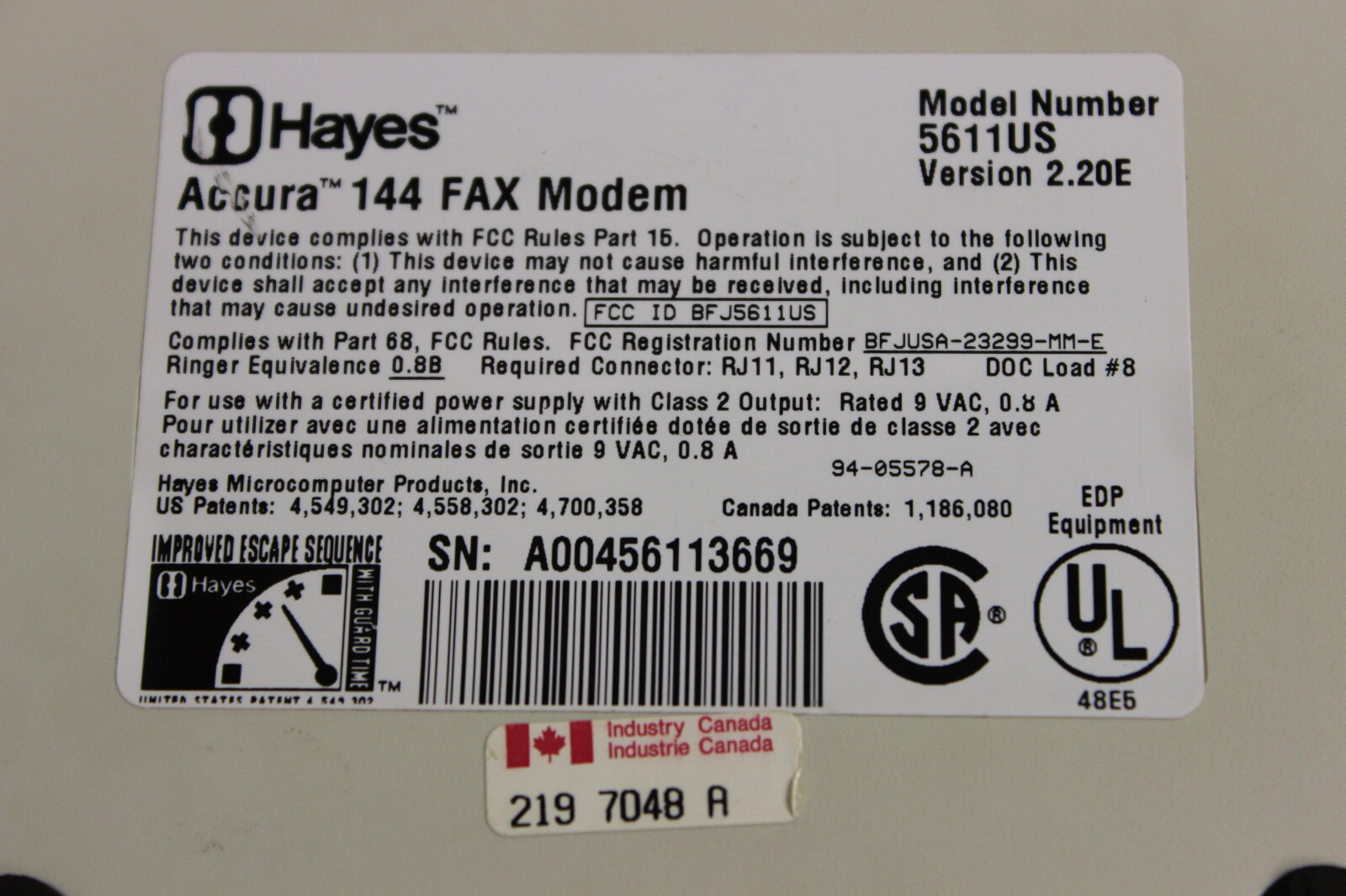 HAYES 5611US ACCURA 144 FAX MODEM EXTERNAL **NO AC ADAPTER** WITH WARRANTY