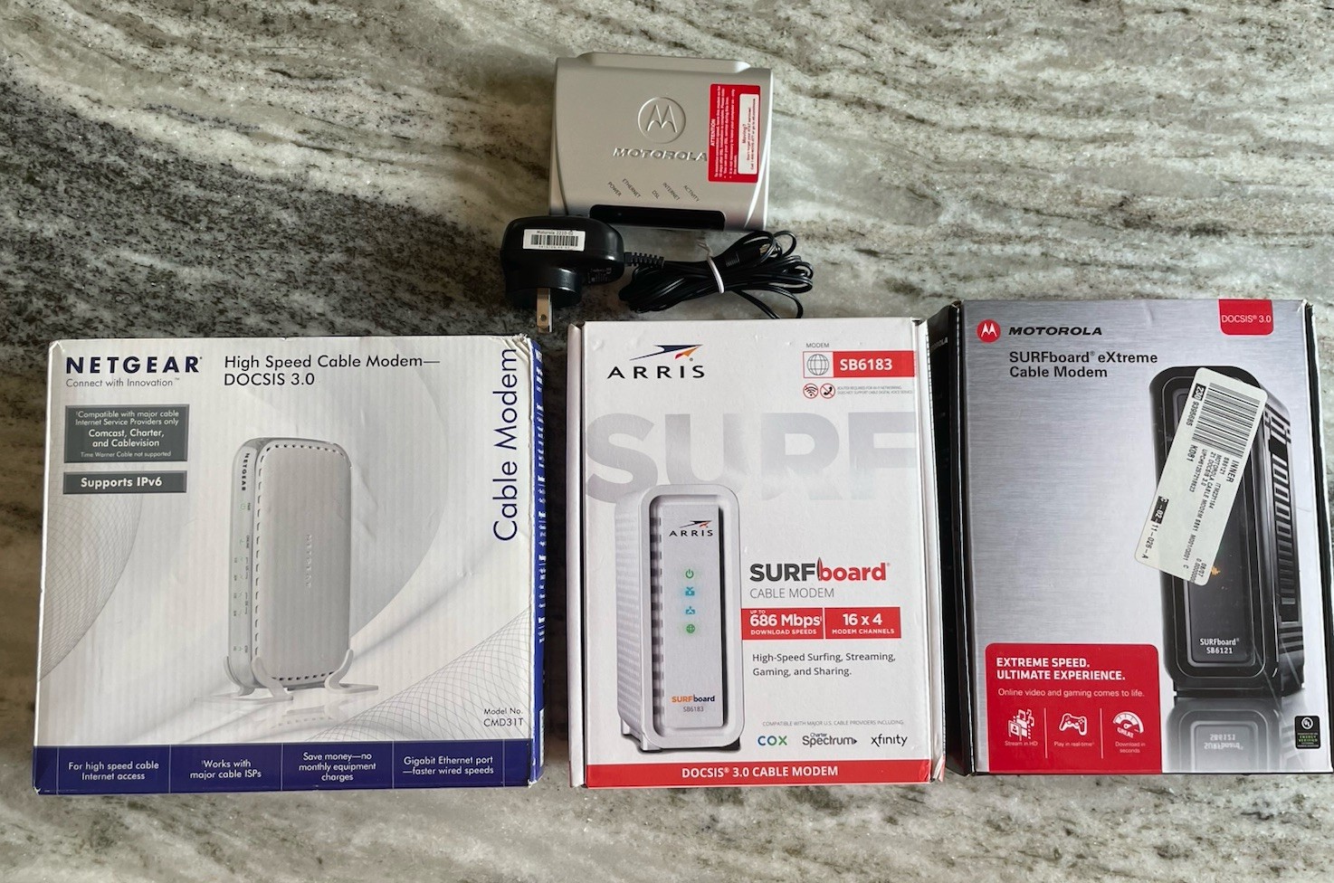 Modem Lot – Arris Surfboard 6183 and 6121 Motorola 2210-02, Netgear CMD31T