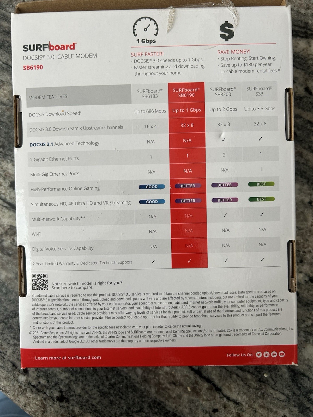 ARRIS SURFboard SB6190 DOCSIS 3.0 Cable Modem 1Gbps HD Streaming Gaming Spectrum