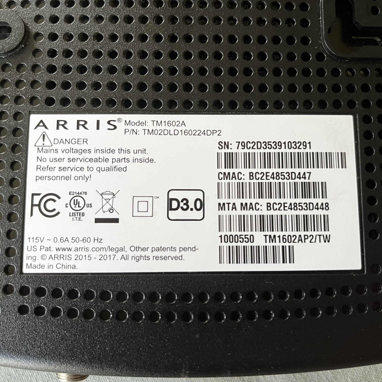 Arris Touchstone TM1602A DOCSIS 3.0 Upgradeable 16×4 Telephony Modem