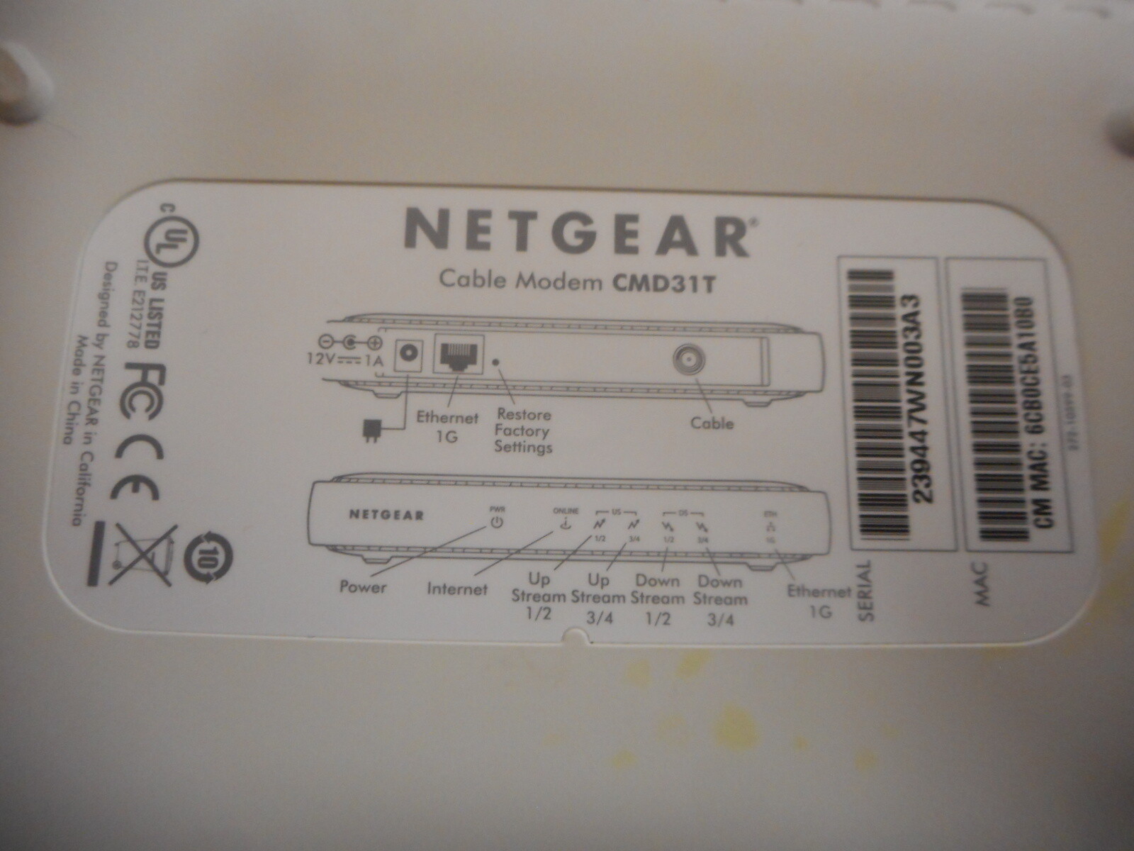 NETGEAR DOCSIS 3.0 Cable Modem Model CMD31T With Power Supply