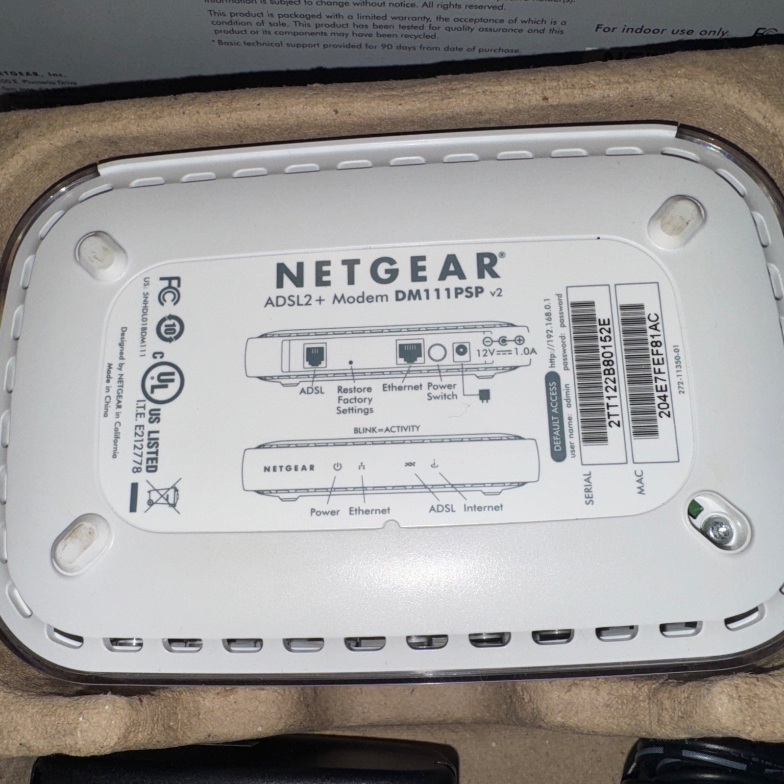 Netgear DM111PSPv2 ADSL2+ Modem High-Speed DSL Internet Modem Router
