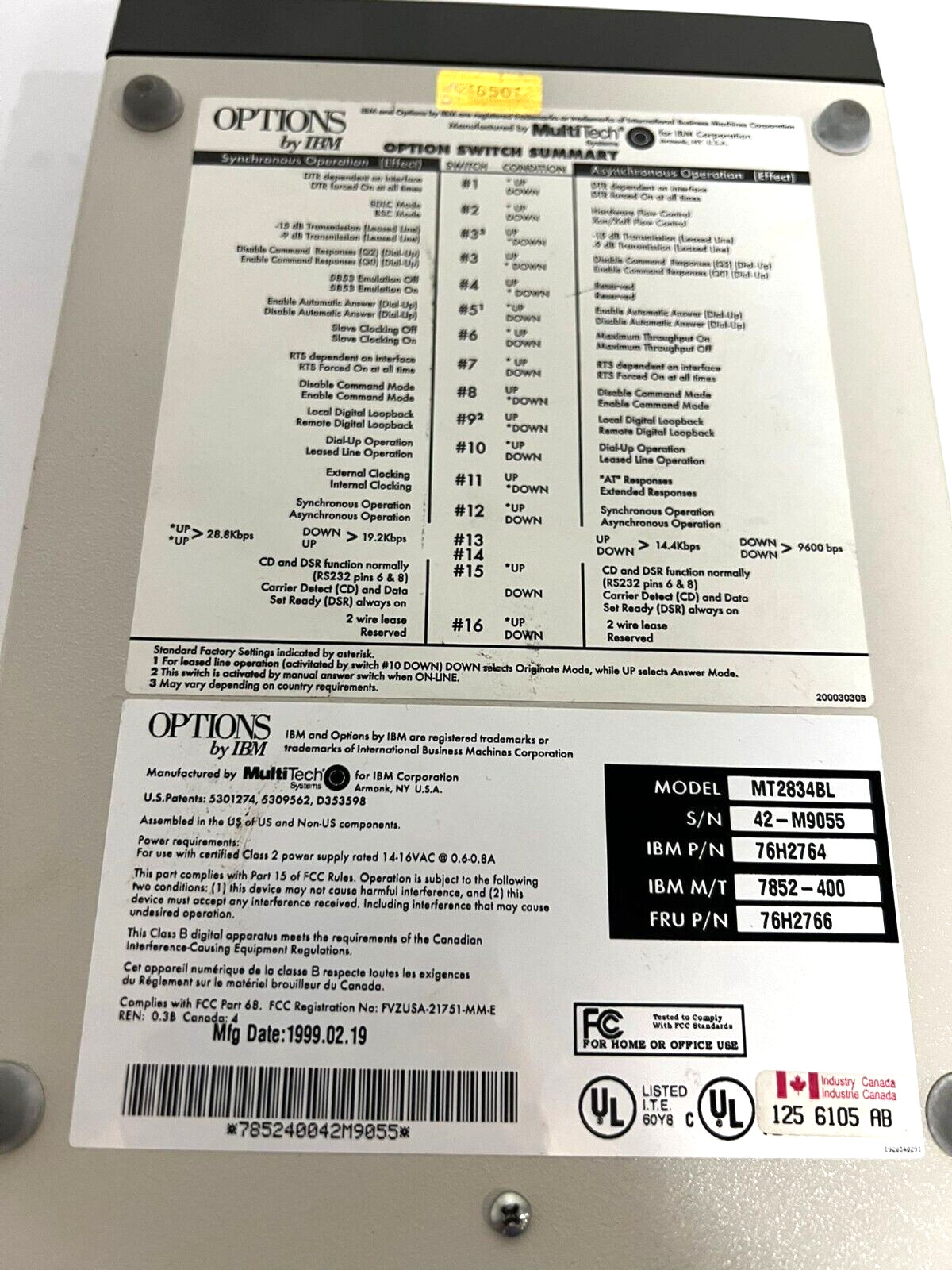 Options by IBM External 33.6K Data Fax Modem MT2834BL NO Power Supply