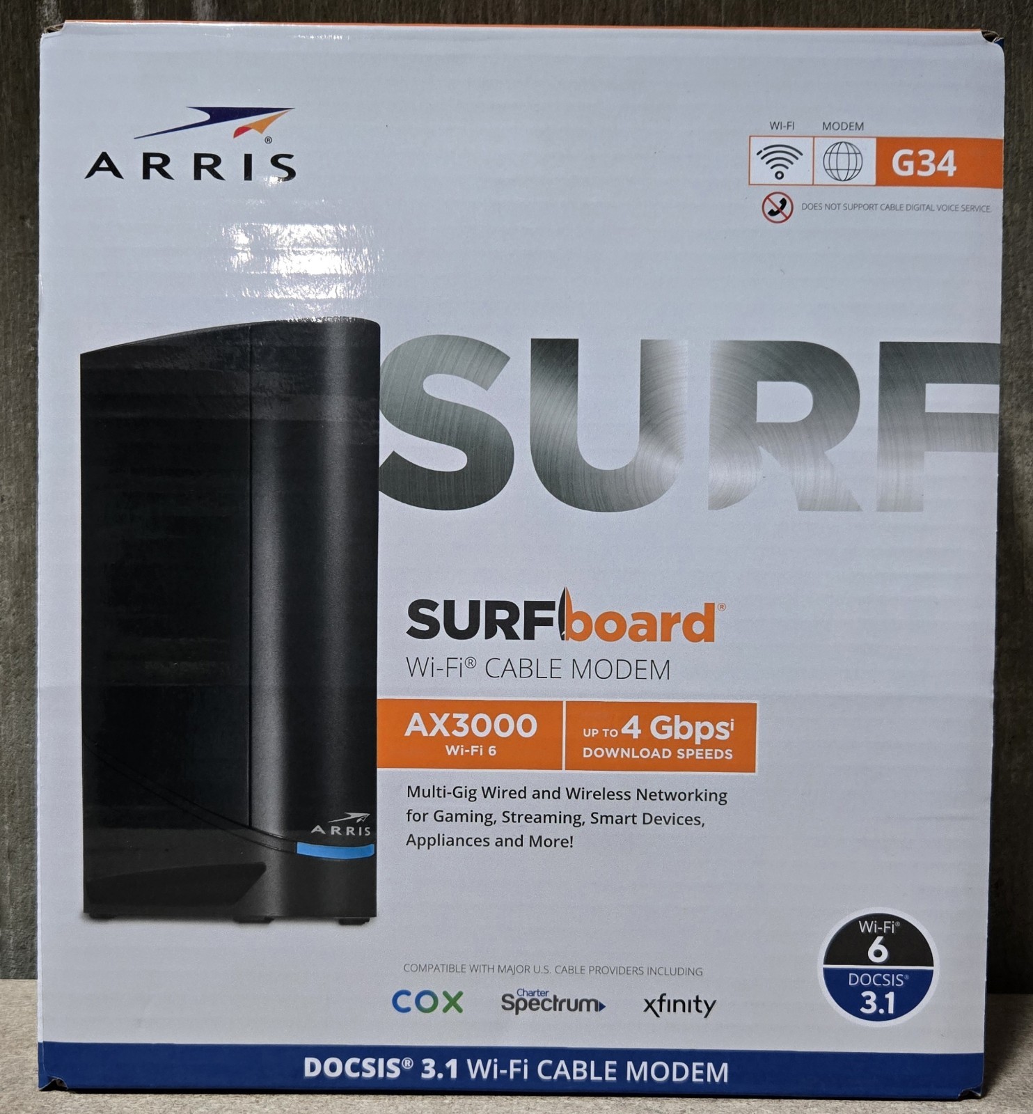 ARRIS SurfBoard G34 DOCSIS 3.1 High-Performance Wi-Fi 6 Cable Modem !Complete!
