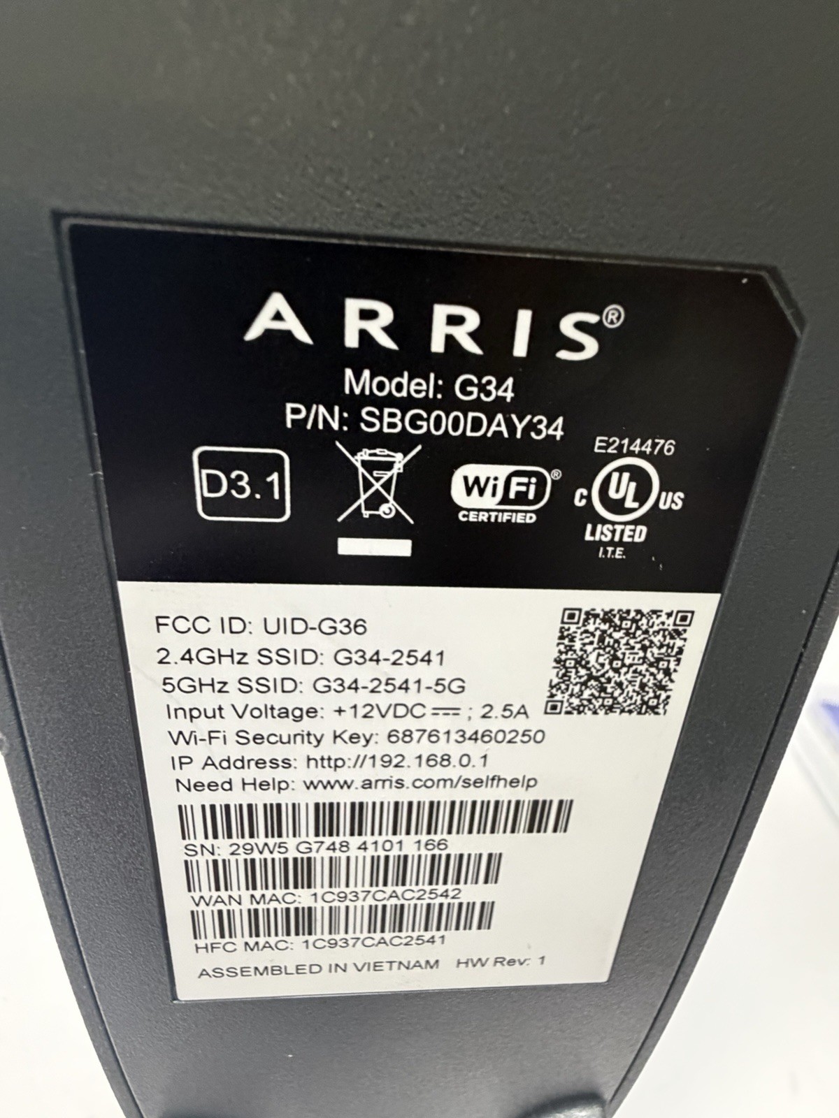 Arris G34 DOCSIS 3.1 Gigabit Cable Modem & AX3000 Wi-Fi 6 Router w/ Ac Adapter