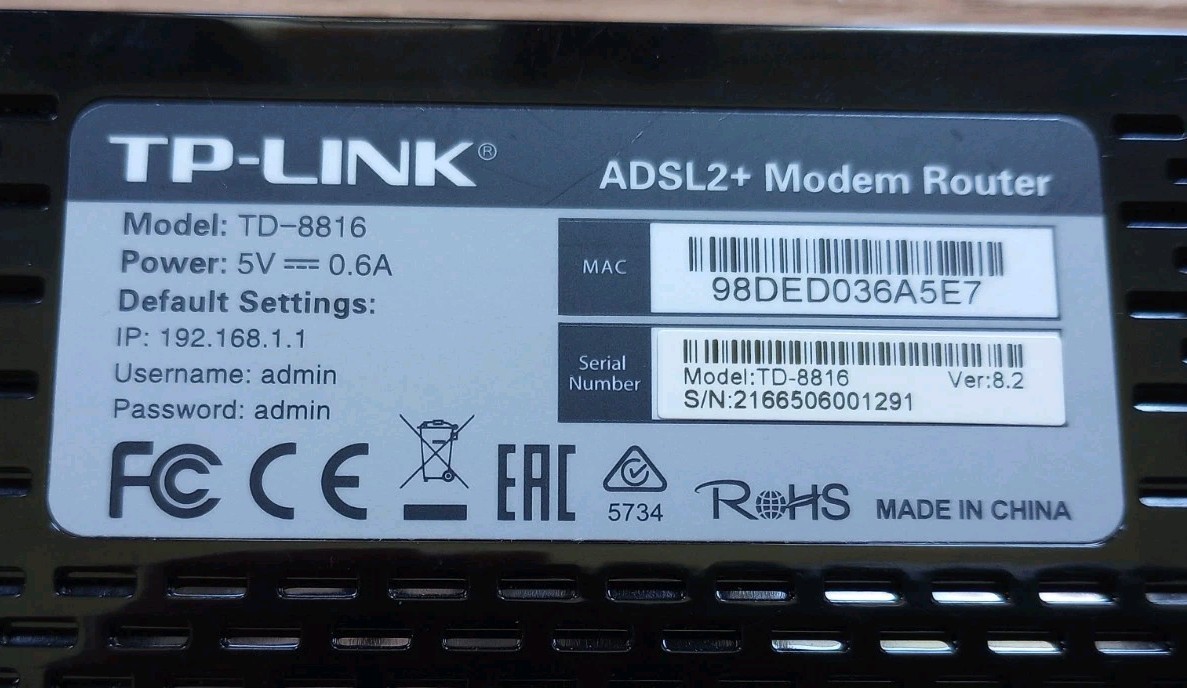 TP-Link ADSL2+ Modem Router TD-8816 (Color: Black) WORKS USED