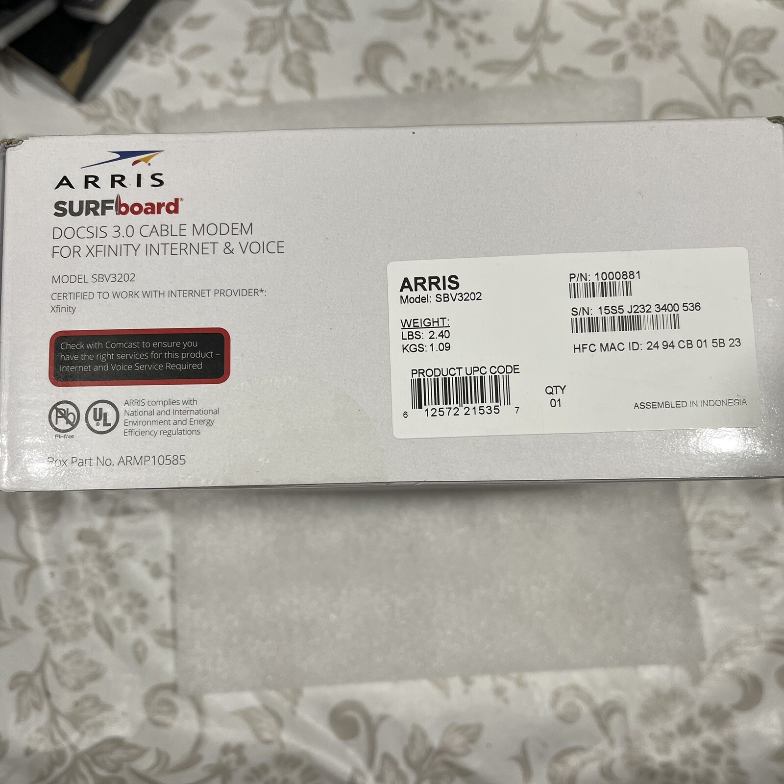 ARRIS SBV3202 Docsis 3.0 Voice Cable Modem Comcast Xfinity Internet Voice Phone