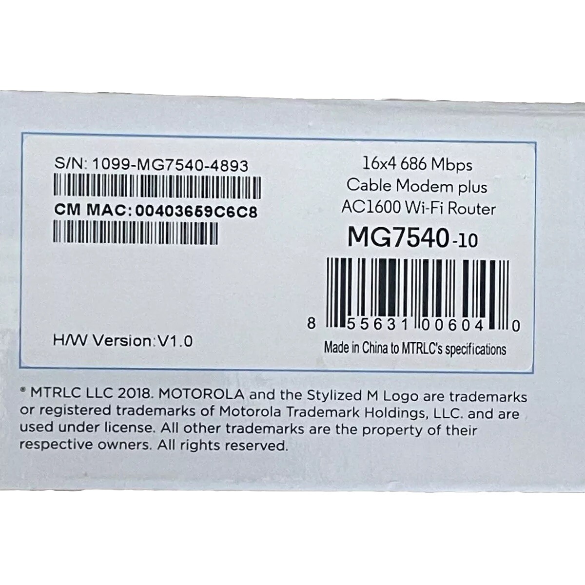 Motorola MG7550 Cable Modem Plus Wifi Router 16×4 Dual Band 686 Mbps