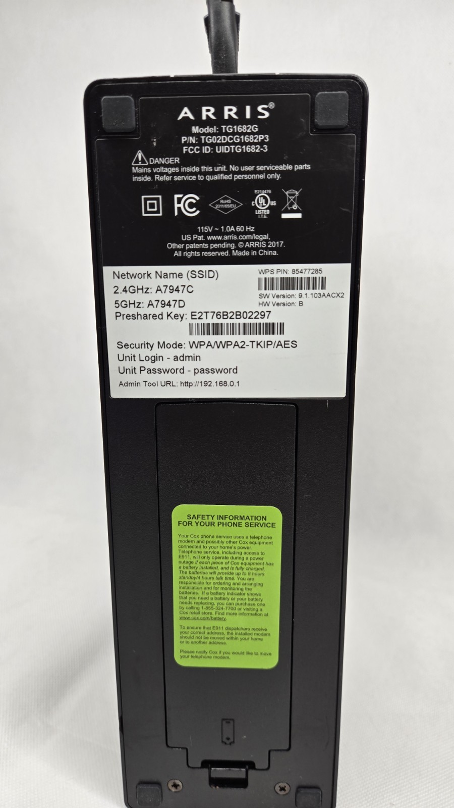ARRIS Panoramic TG1682G Modem Wireless Dual Band Router Includes Cord