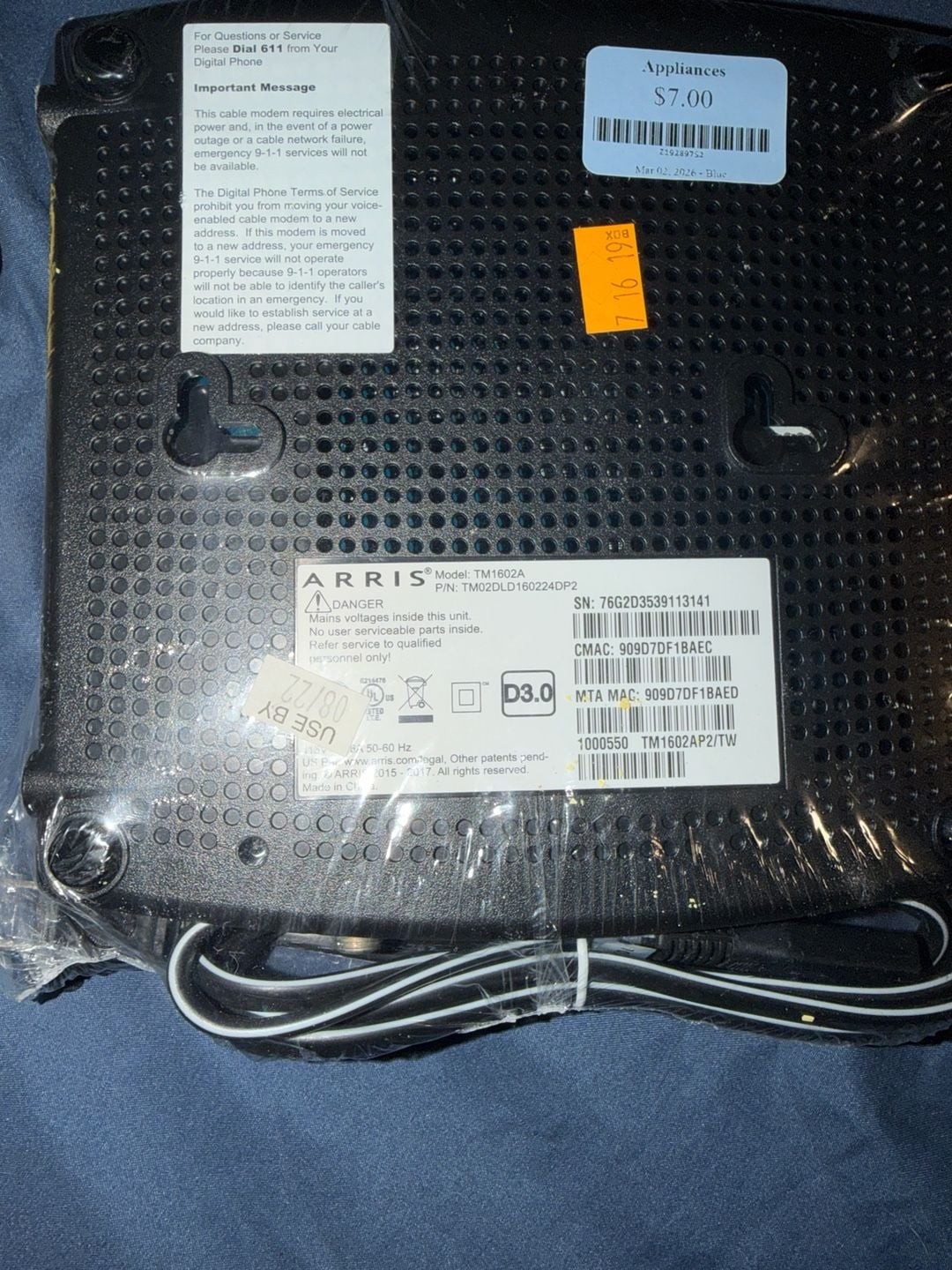 ARRIS TM1602A DOCSIS 3.0 Telephony Cable Modem