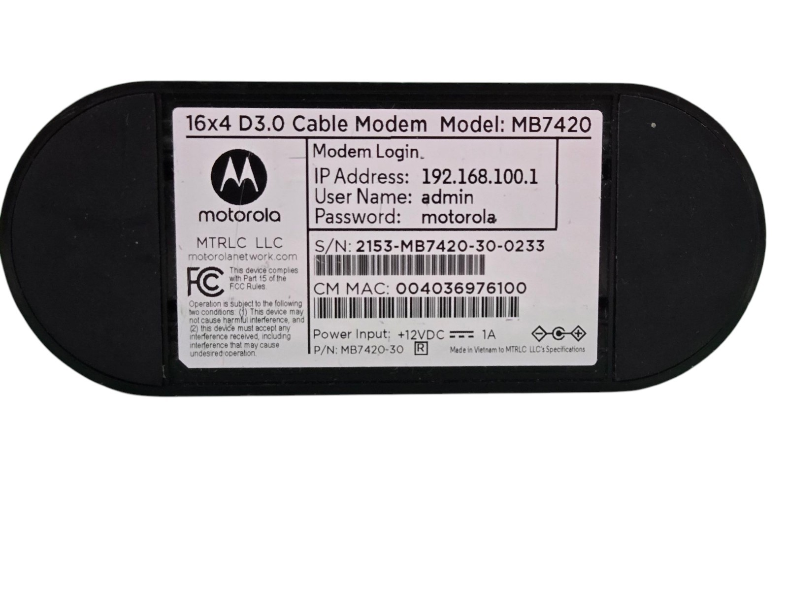 Motorola 16×4 Channel 3.0 Cable Modem Model MB7420 (Router Only)