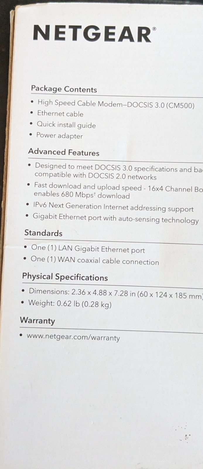 NETGEAR CM500 High Speed Cable Modem DOCSIS 3.0 680Mbps Xfinity Spectrum Cox