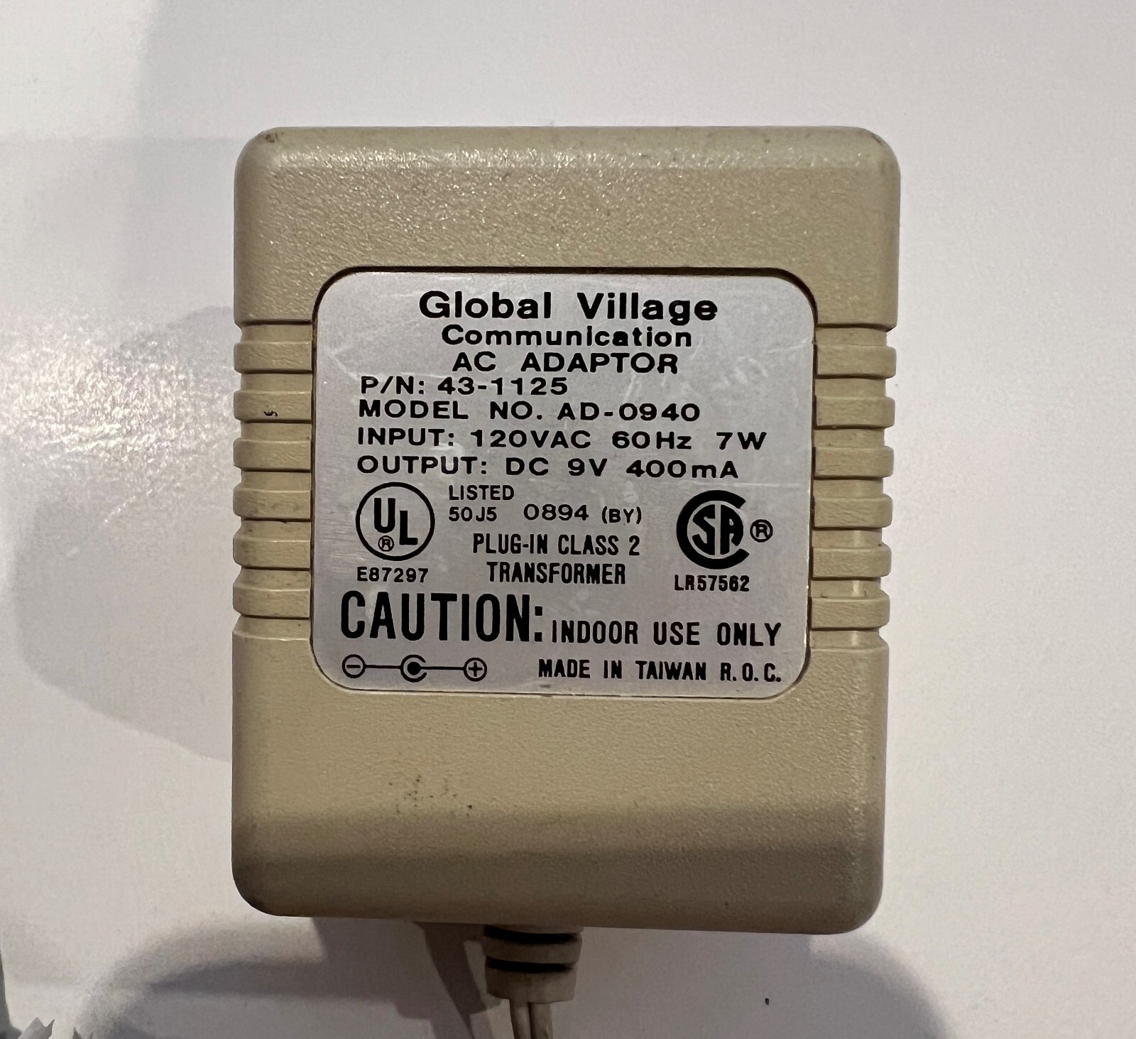 Global Village Communication AD-0940 AC Adapter 120VAC 60Hz 7W DC 9V 400mA