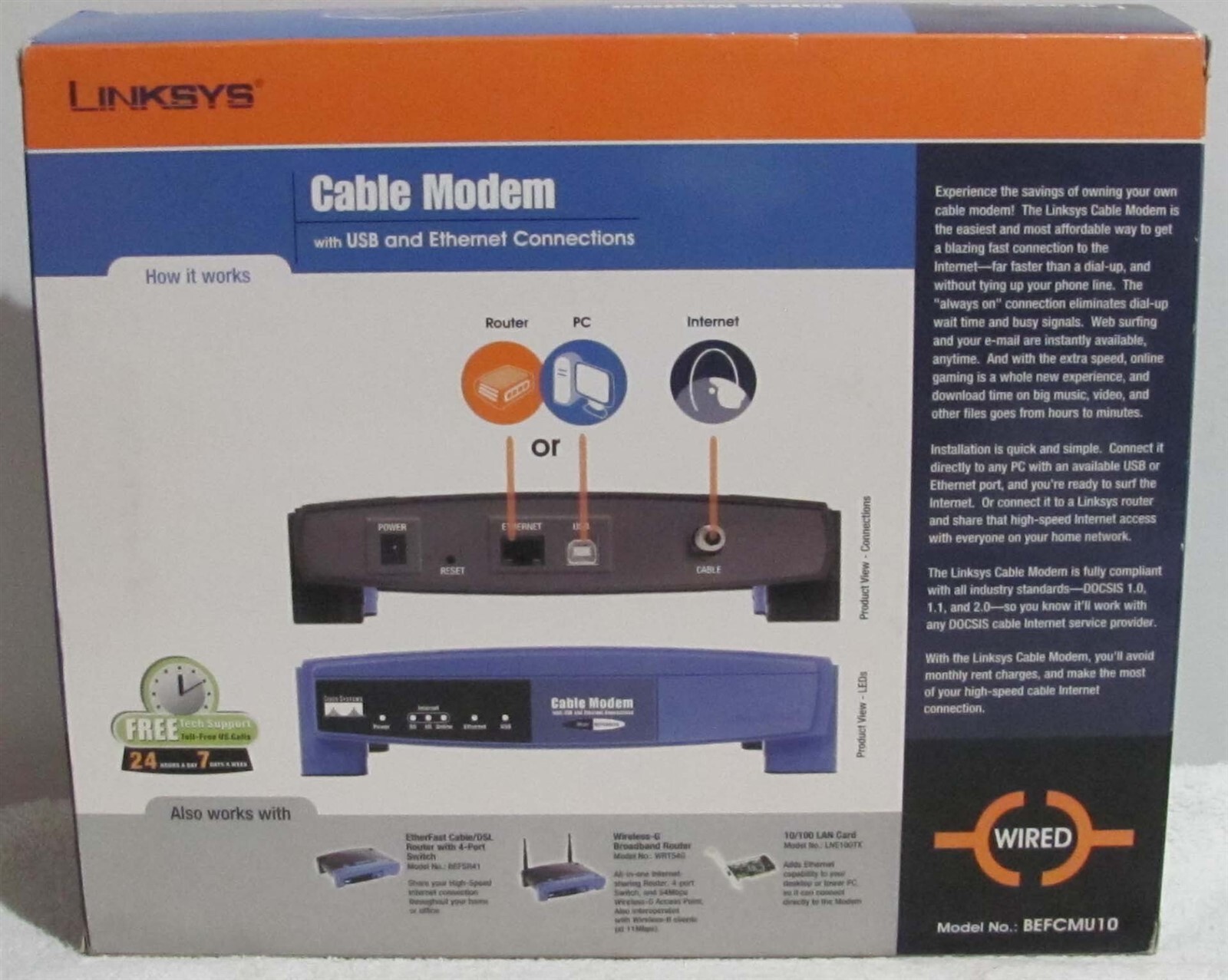 Linksys Cable Modem With USB & Ethernet Connections (Model #BEFCMU10) NEW