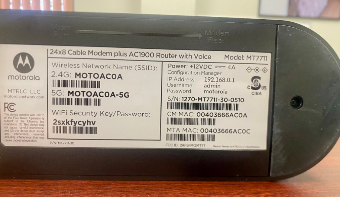 Motorola MT7711 Dual Band AC1900 Cable Modem and Wi-Fi Gigabit Router
