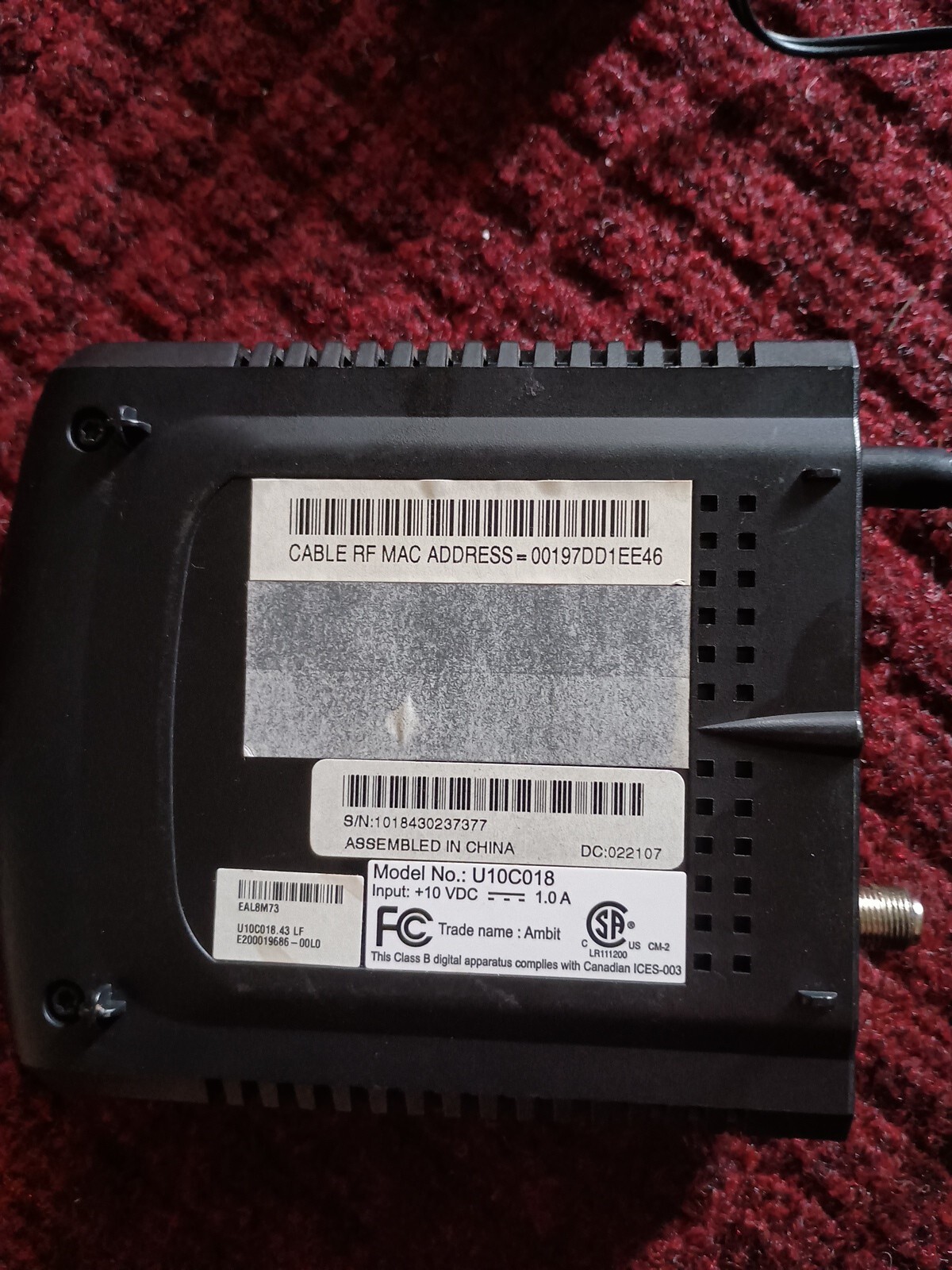 used Ambit U10C018 DOCSIS 2.0 Cable Modem U10C018.80 w/cord&plug &ethernet cable